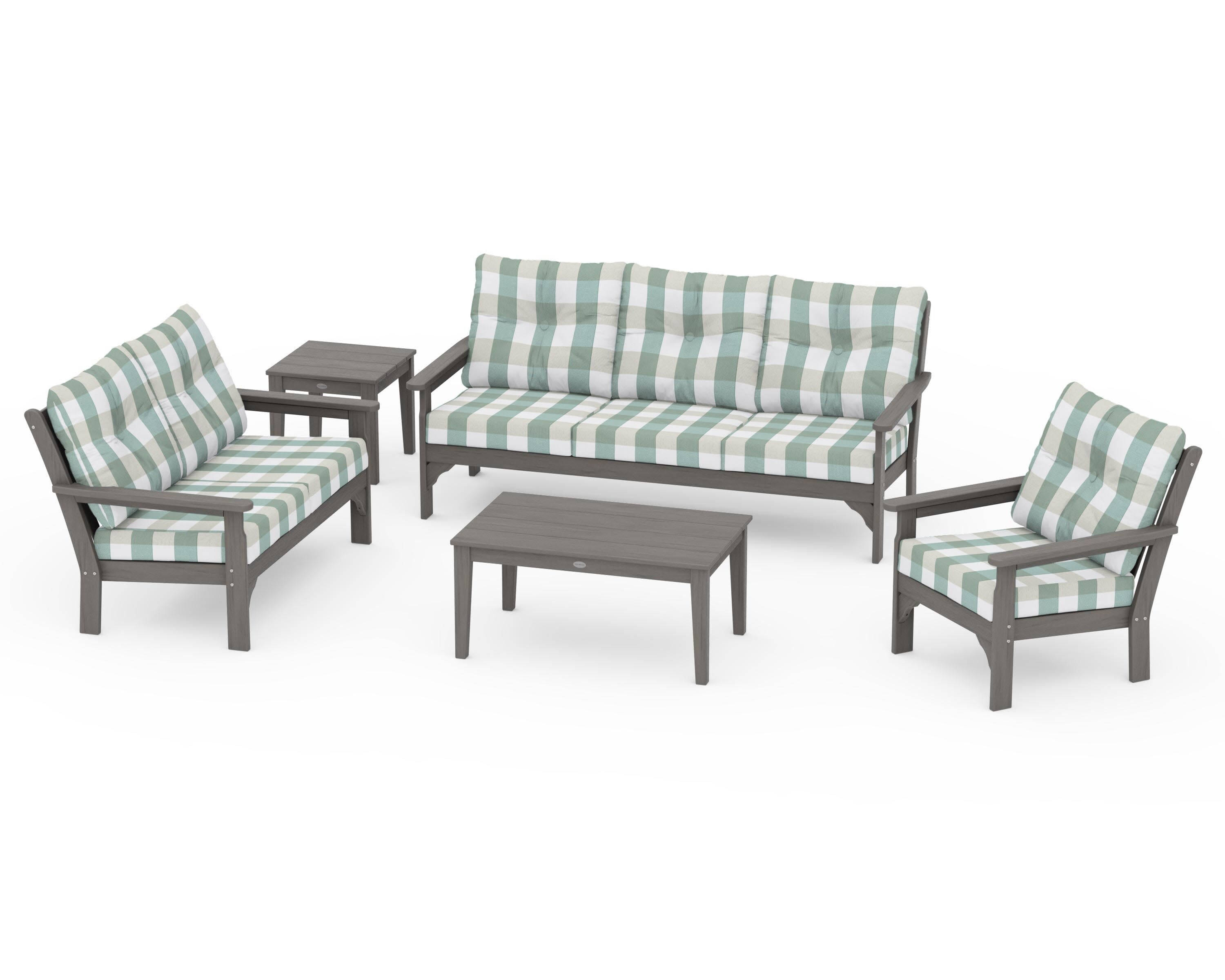 Vineyard 5 Piece Deep Seating Set in Driftwood / Buffalo Plaid Glacier Spa
