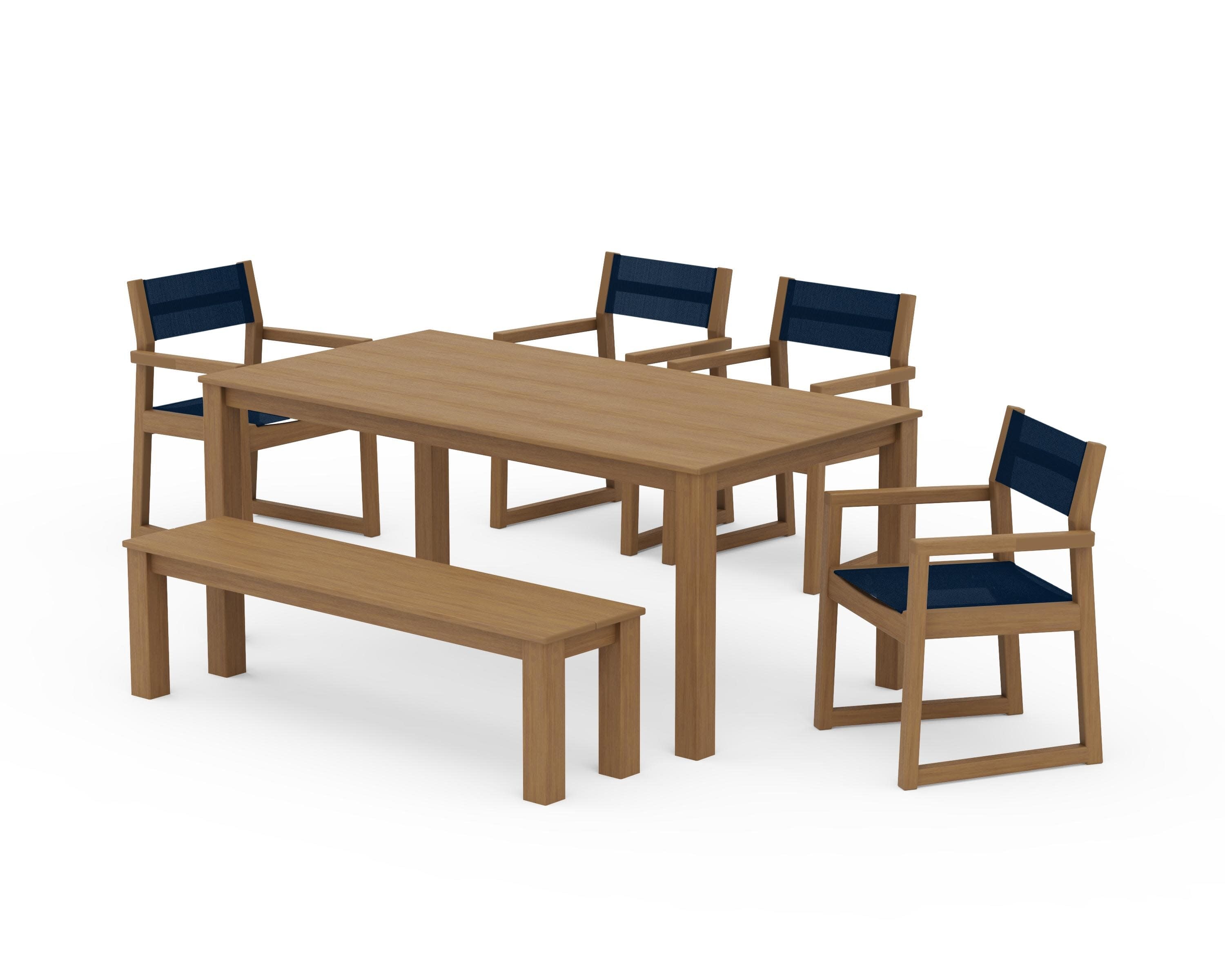 EDGE Sling Arm Chair 6-Piece Parsons Dining Set with Bench in Natural / Navy Blue Sling