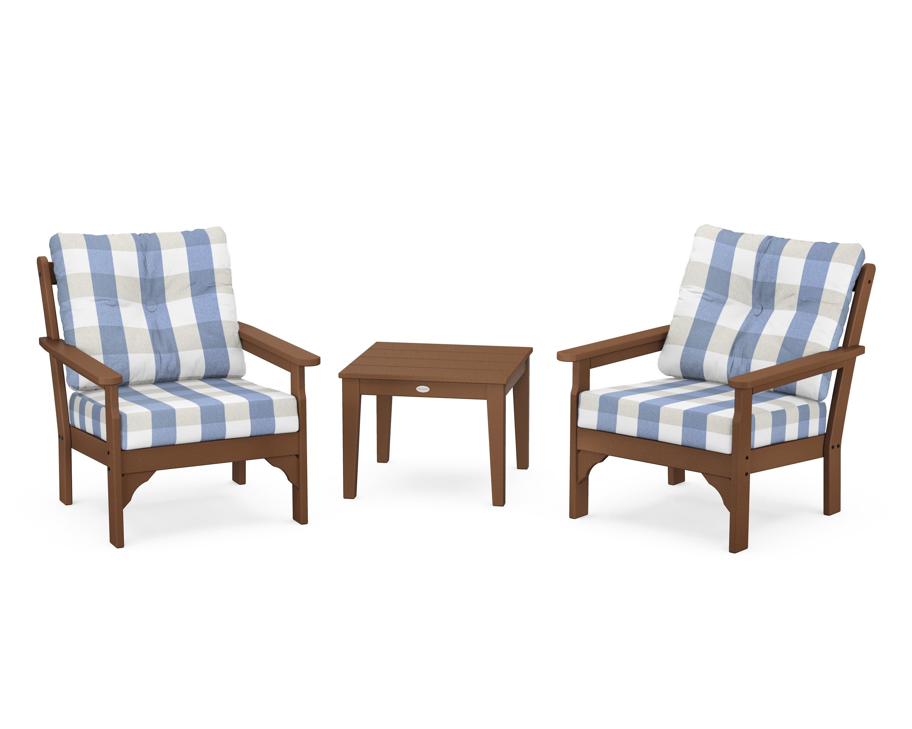 Vineyard 3-Piece Deep Seating Set in Teak / Buffalo Plaid Sky Blue