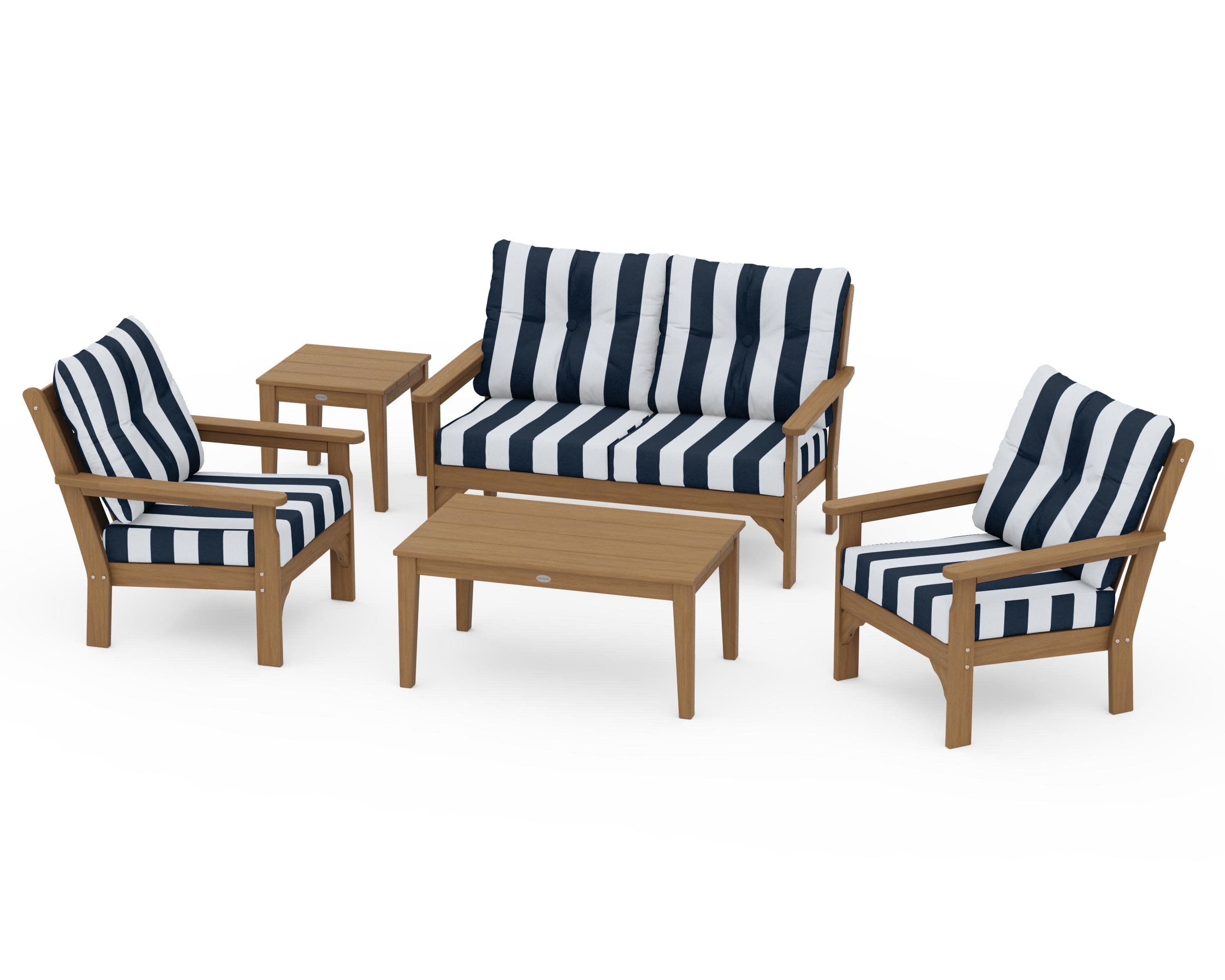 Vineyard 5-Piece Deep Seating Set in Natural / Cabana Stripe Marine Indigo