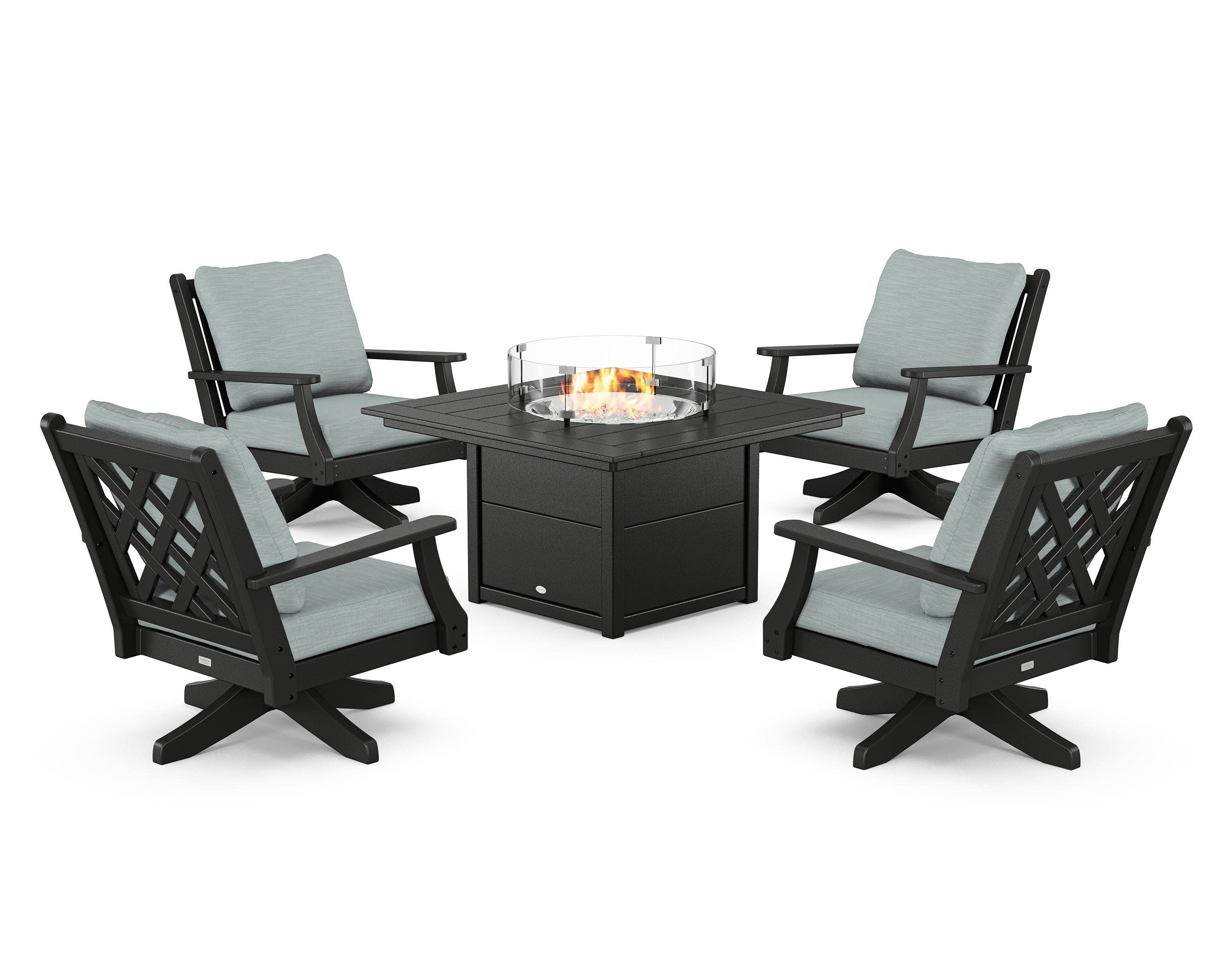 Wovendale 5-Piece Deep Seating Swivel Conversation Set with Fire Pit Table in Black / Soothe Mist