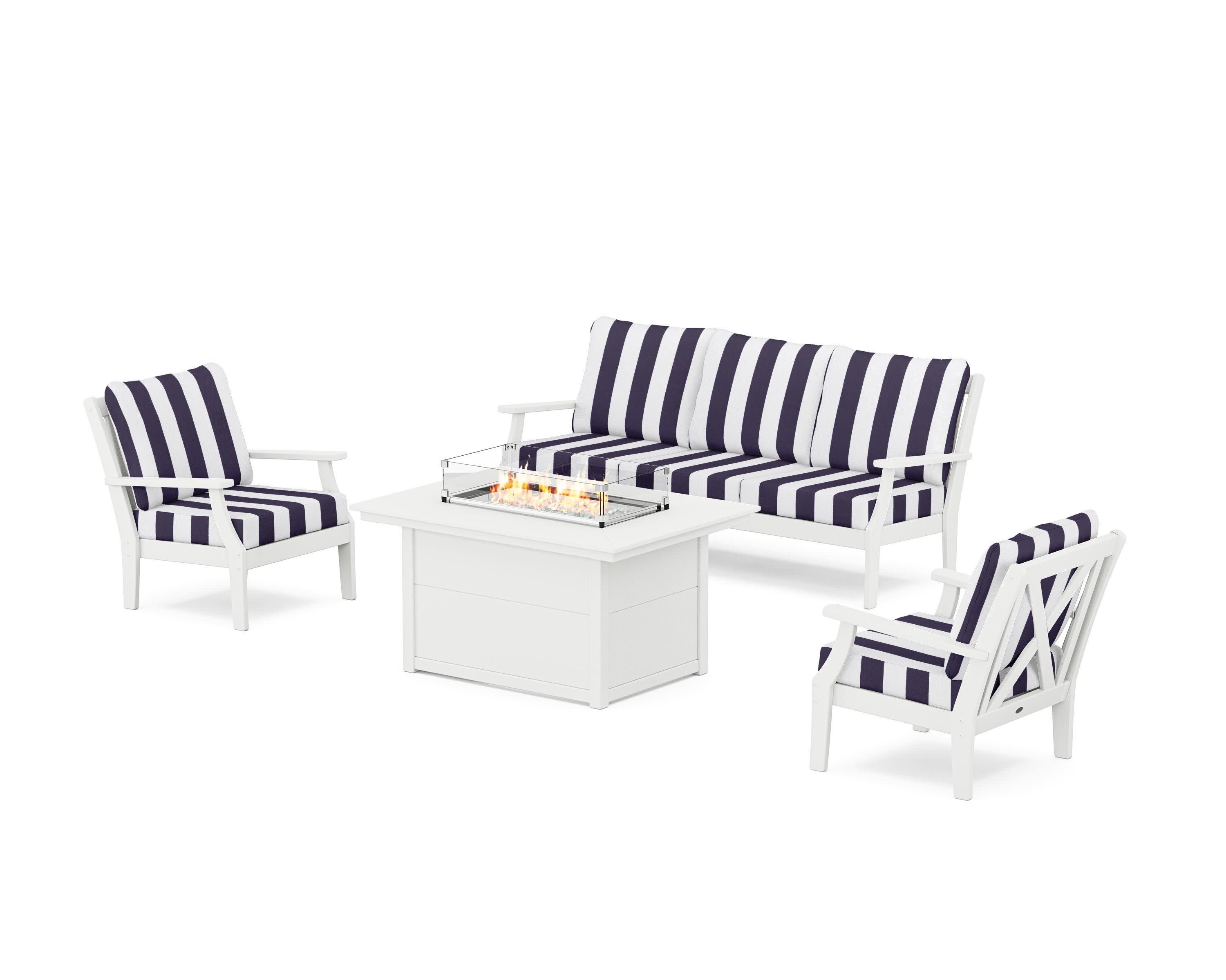 Braxton Deep Seating Fire Pit Table Set in White / Cabana Stripe Navy