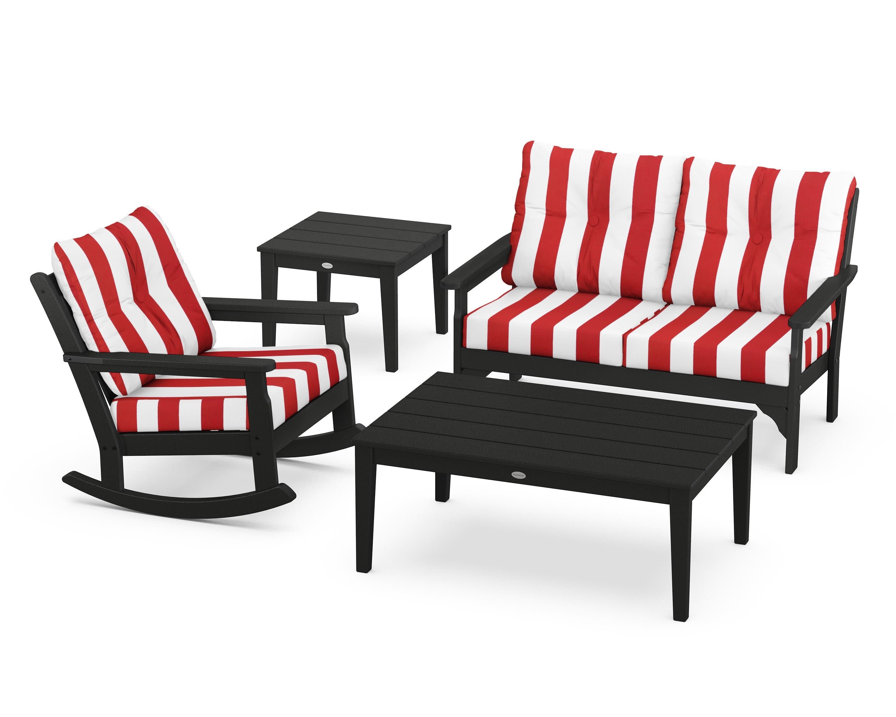 Vineyard 4-Piece Deep Seating Rocker Set in Black / Cabana Stripe Crimson