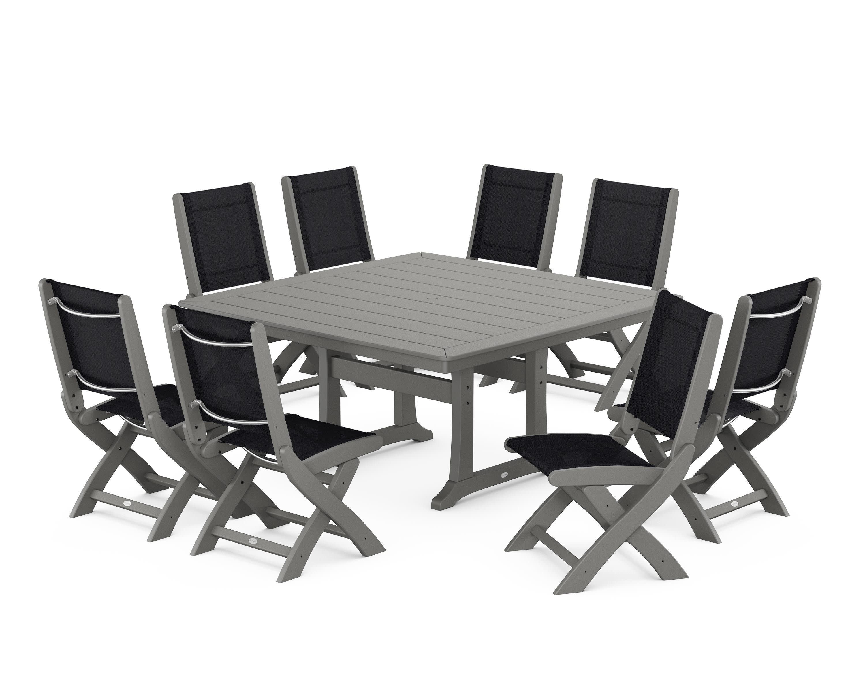 Coastal Folding Side Chair 9-Piece Dining Set with Trestle Legs in Slate Grey / Black Sling