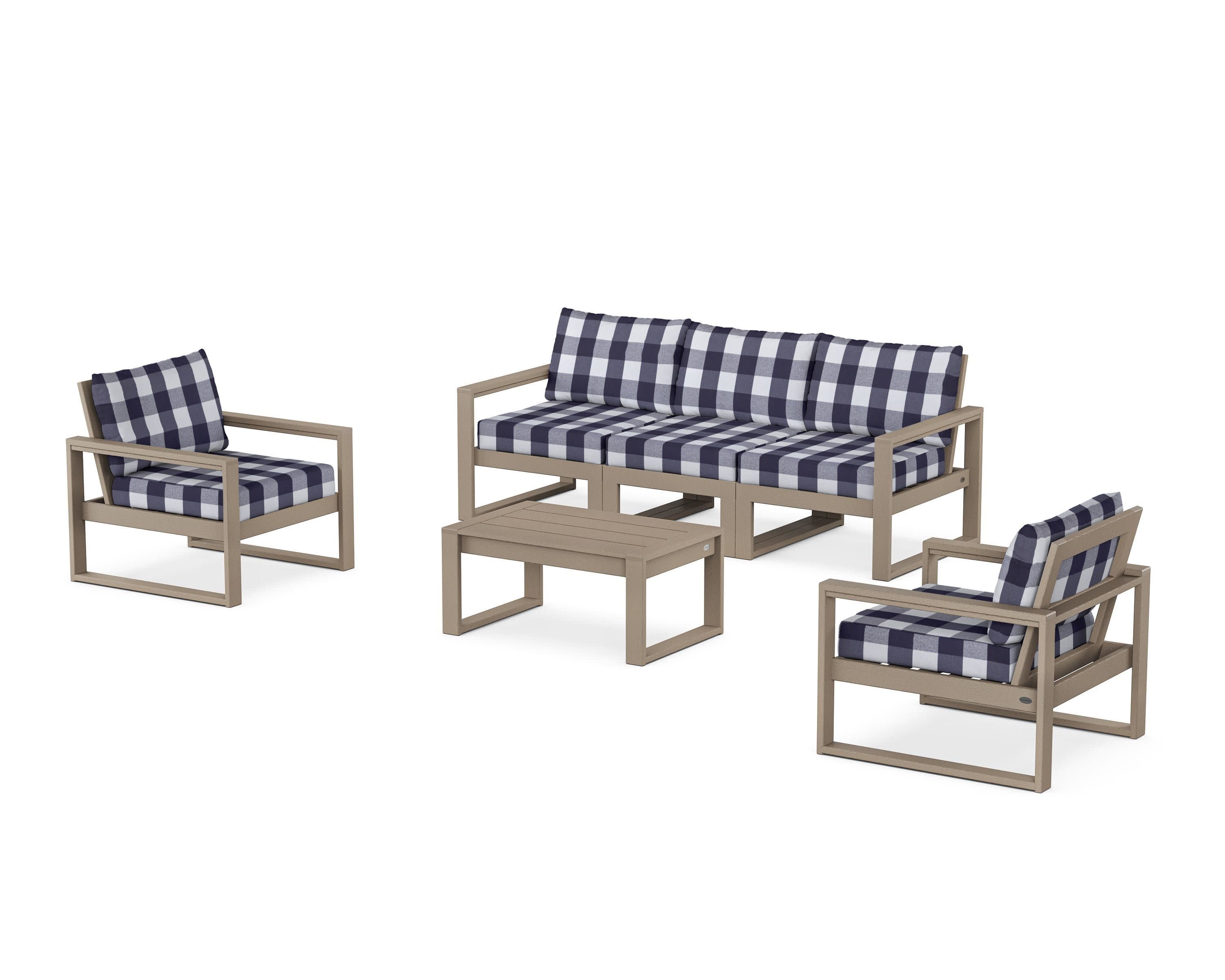 EDGE Sectional 4-Piece Deep Seating Set with Sofa in Vintage Sahara / Buffalo Plaid Navy