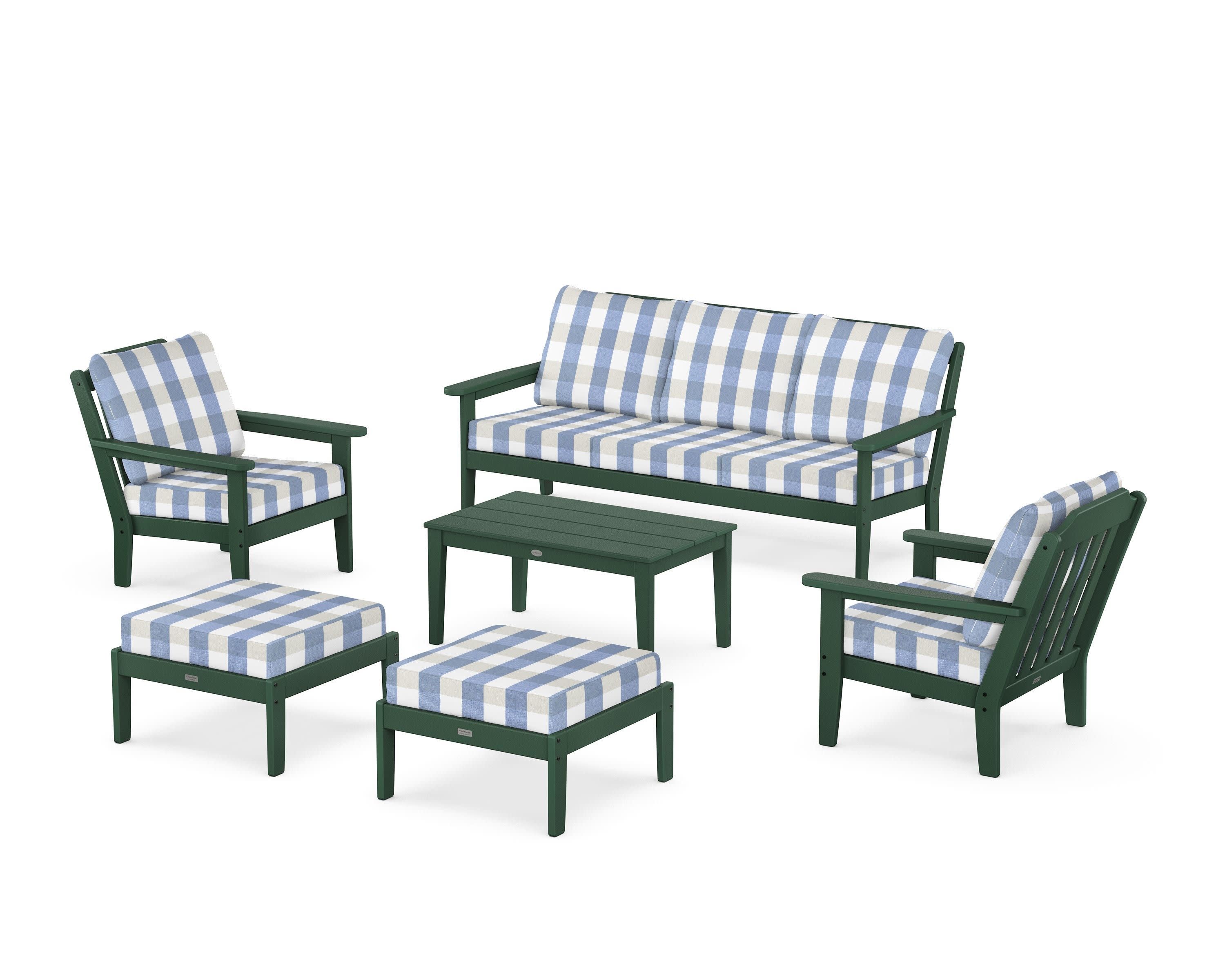 Cottage 6-Piece Lounge Sofa Set in Green / Buffalo Plaid Sky Blue