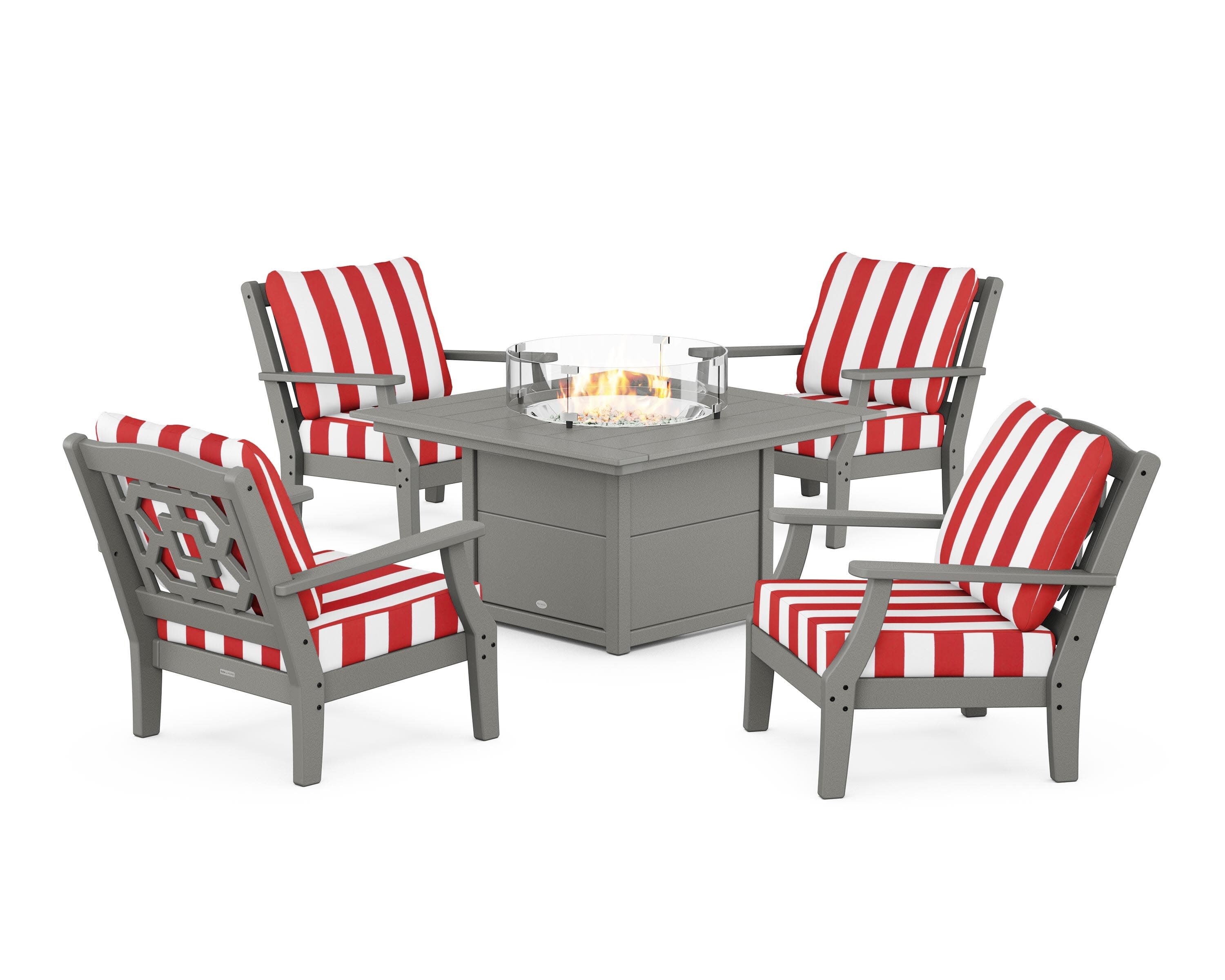 Chinoiserie 5-Piece Deep Seating Set with Fire Pit Table in Slate Grey / Cabana Stripe Crimson