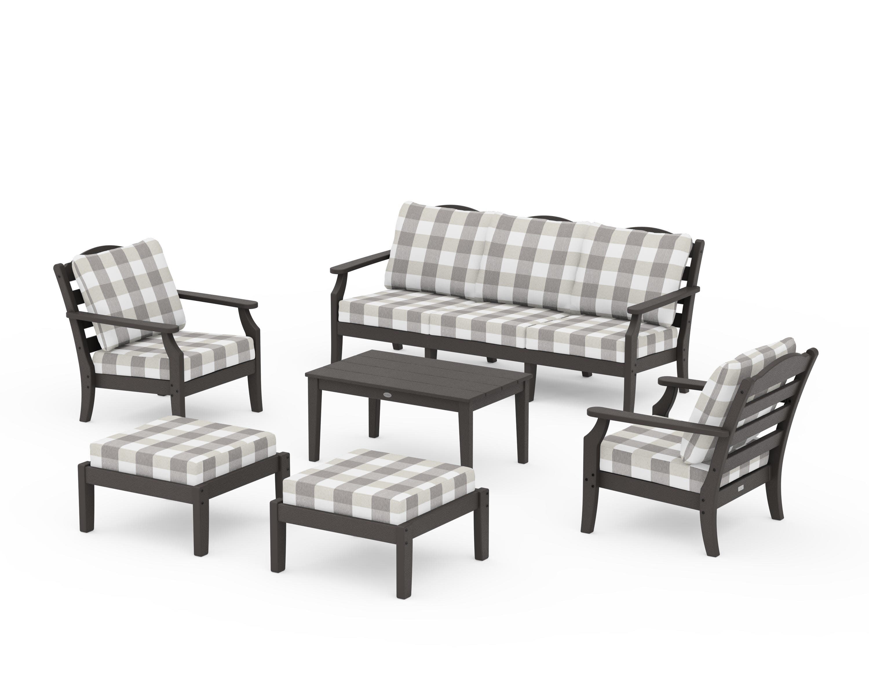 Savannah 6-Piece Lounge Sofa Set in Vintage Coffee / Buffalo Plaid Grey Mist