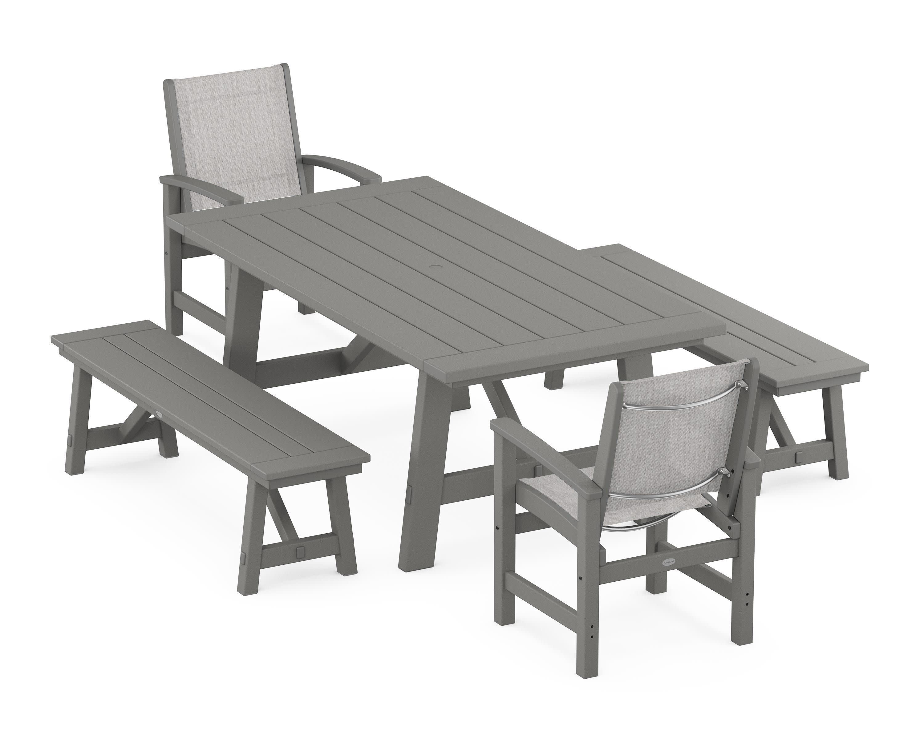 Coastal 5-Piece Rustic Farmhouse Dining Set With Benches in Slate Grey / Parchment Sling