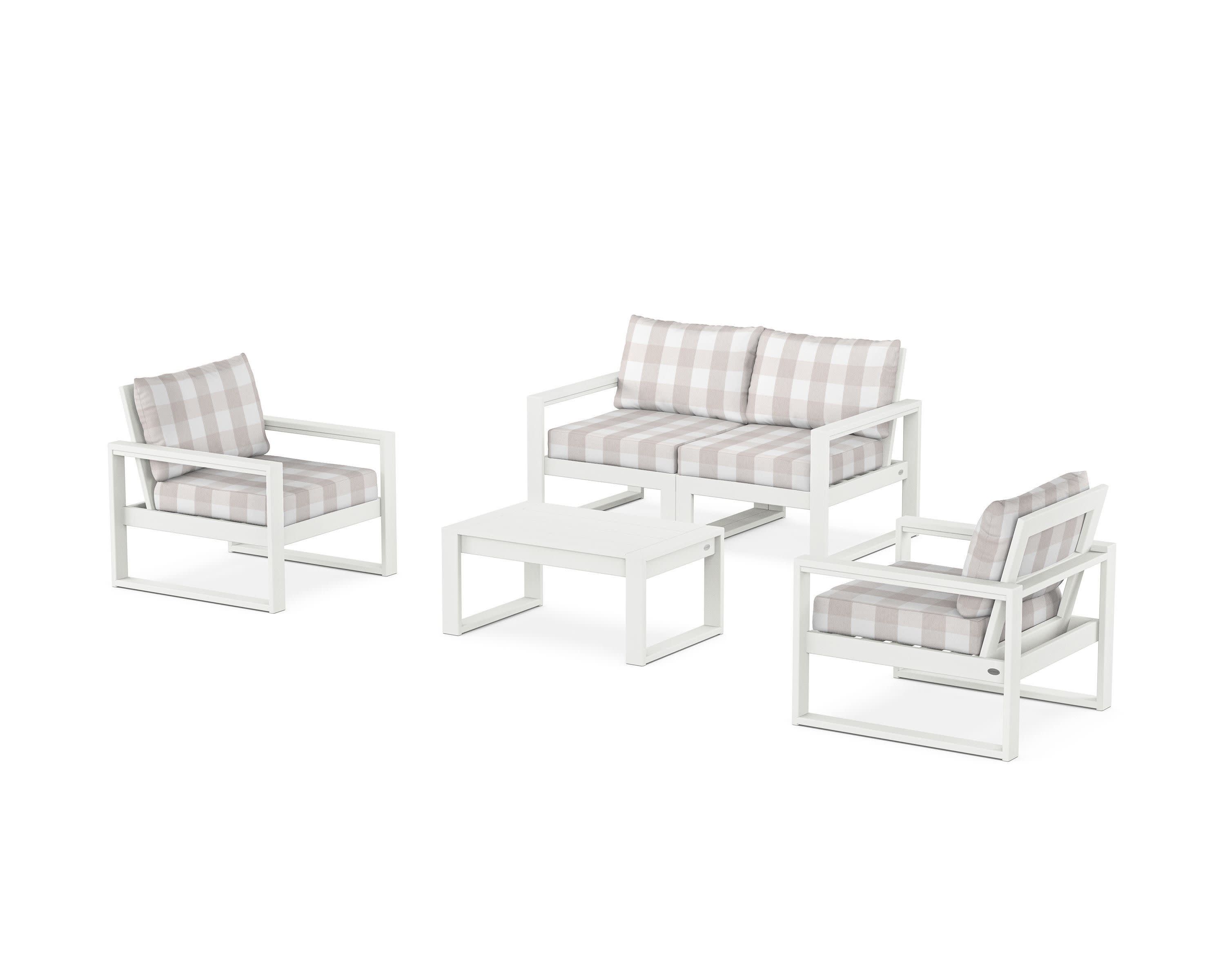 EDGE Sectional 4-Piece Deep Seating Set with Loveseat in Vintage White / Buffalo Plaid Dune Burlap