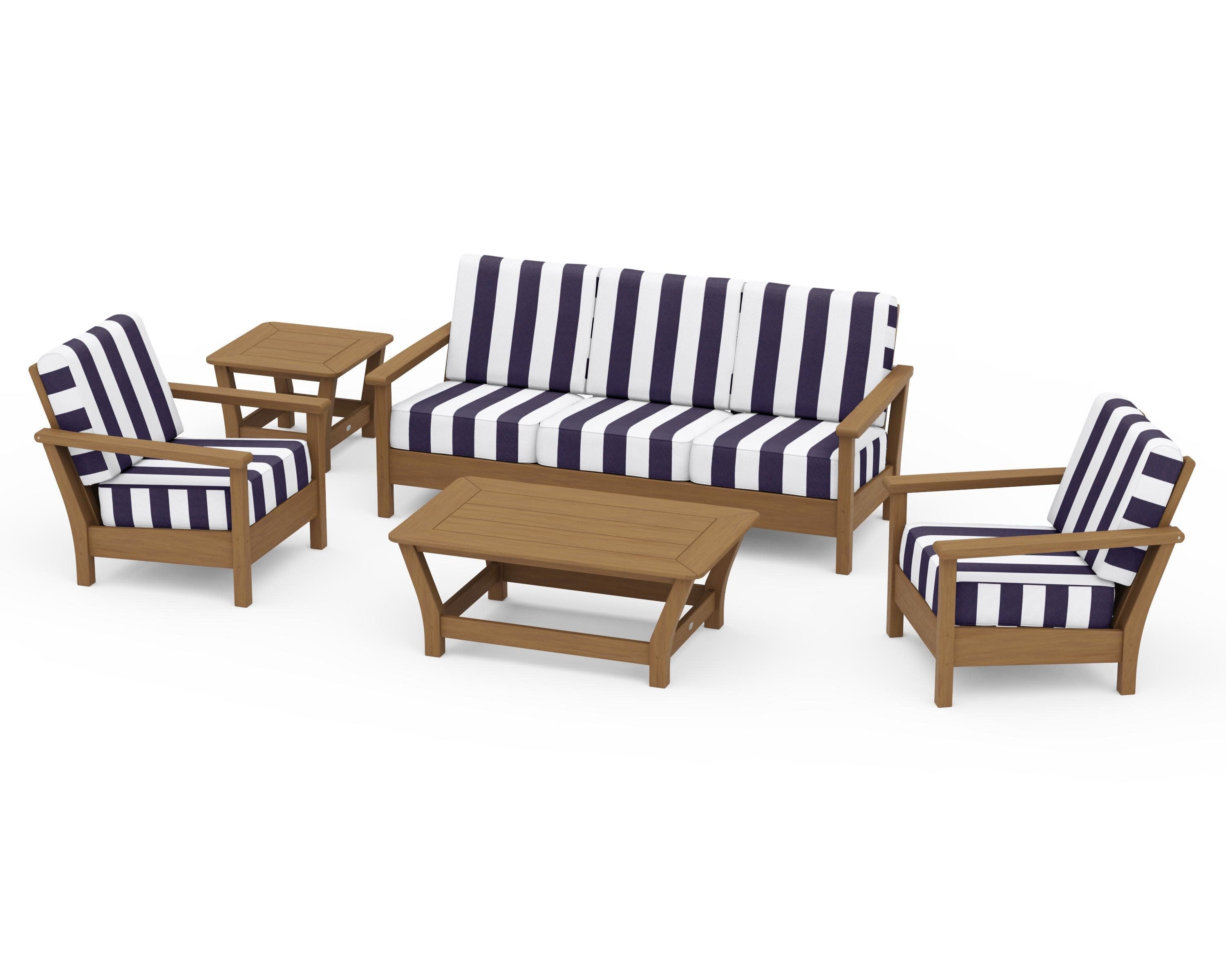 Harbour 5-Piece Deep Seating Set in Natural / Cabana Stripe Navy