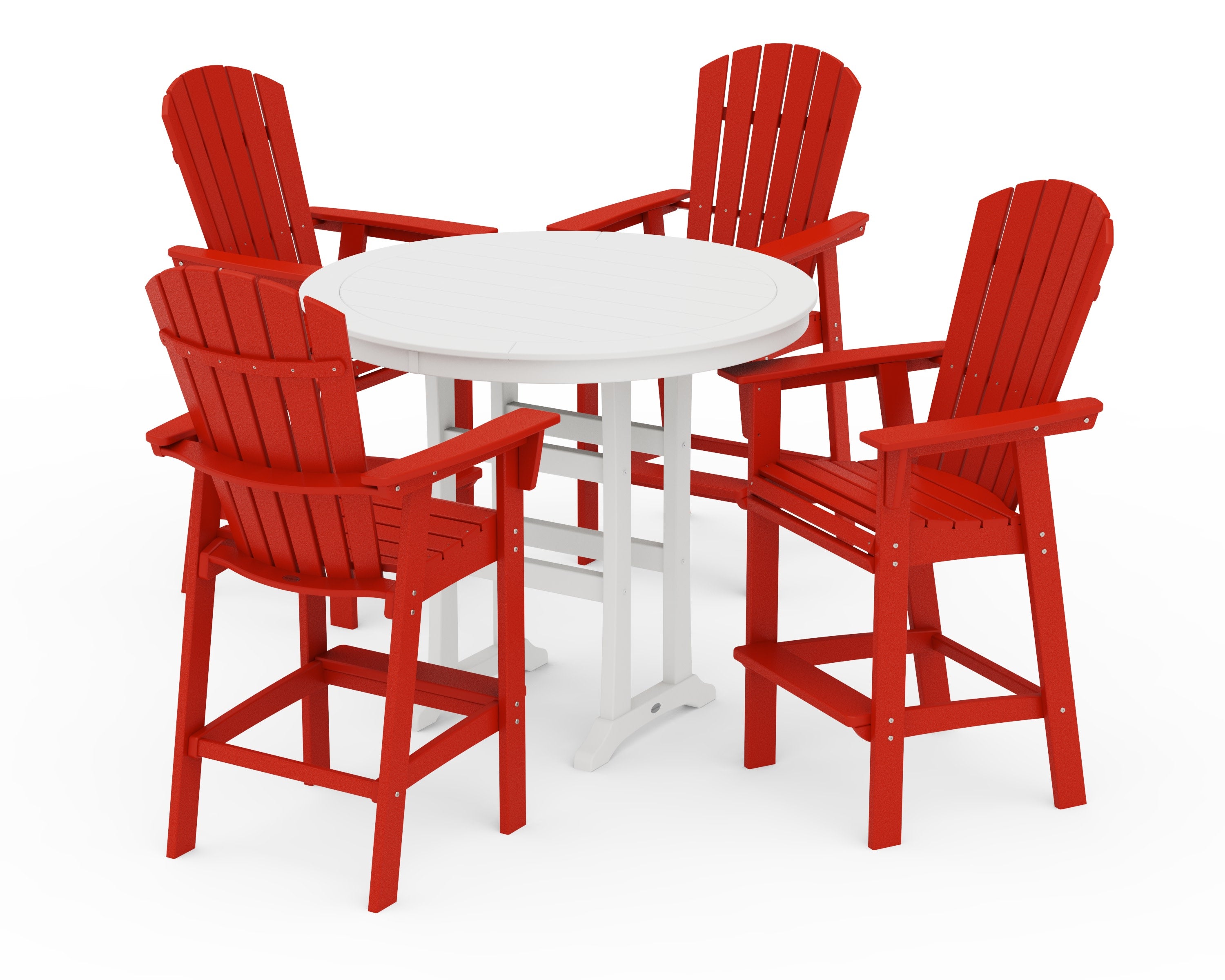 Nautical Curveback Adirondack 5-Piece Round Trestle Bar Set in Sunset Red / White