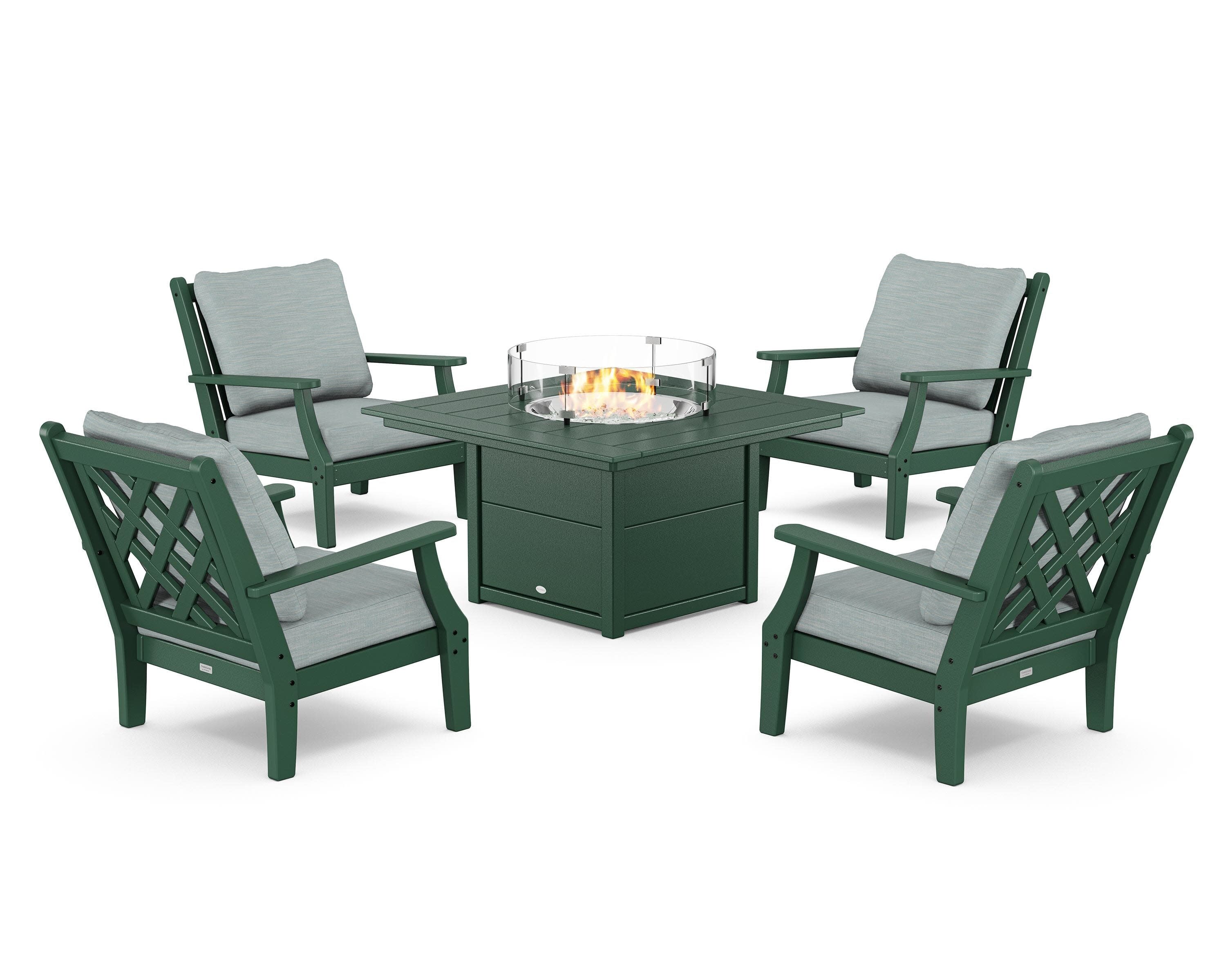Wovendale 5-Piece Deep Seating Set with Fire Pit Table in Green / Soothe Mist