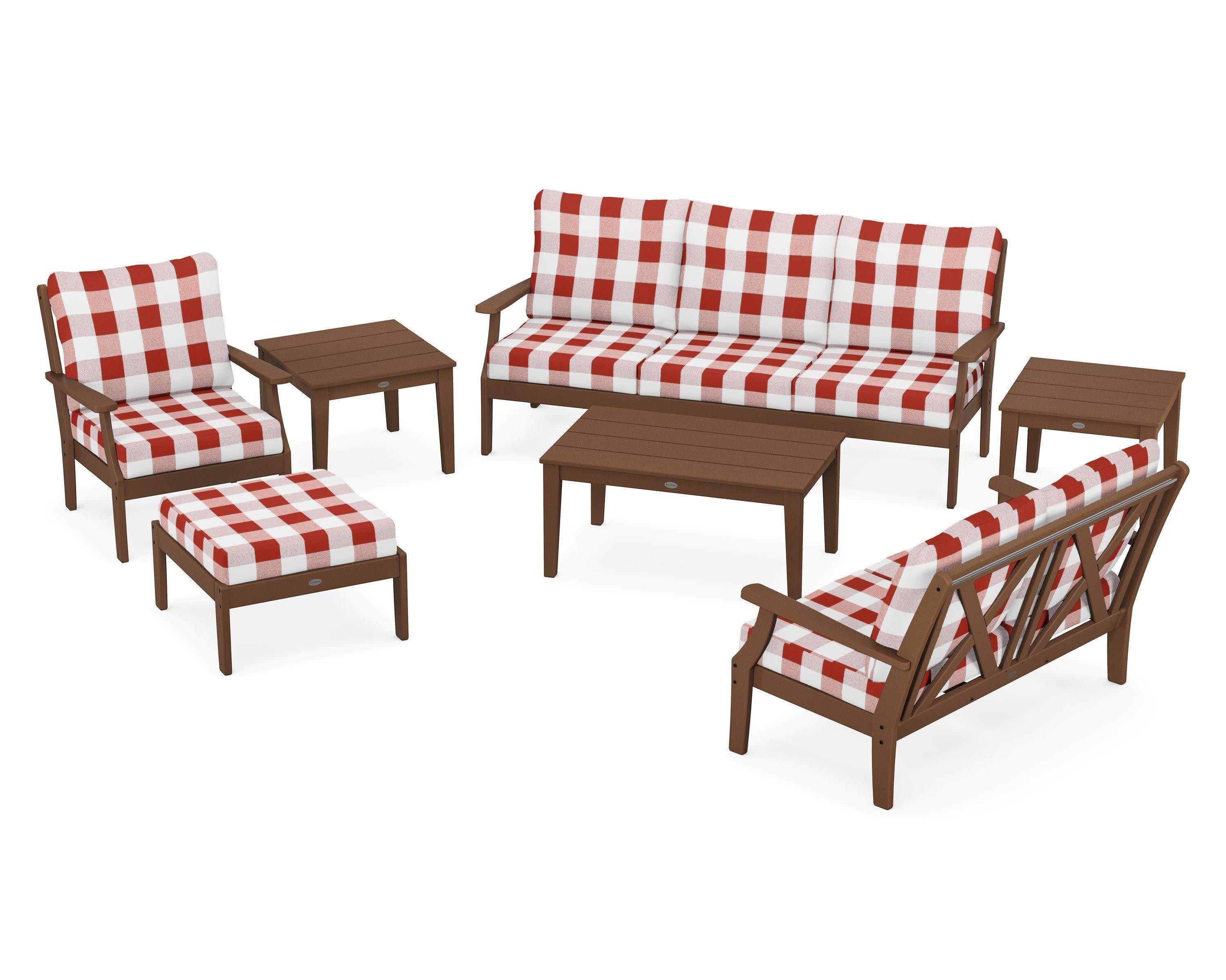 Braxton 7-Piece Deep Seating Set in Teak / Buffalo Plaid Crimson