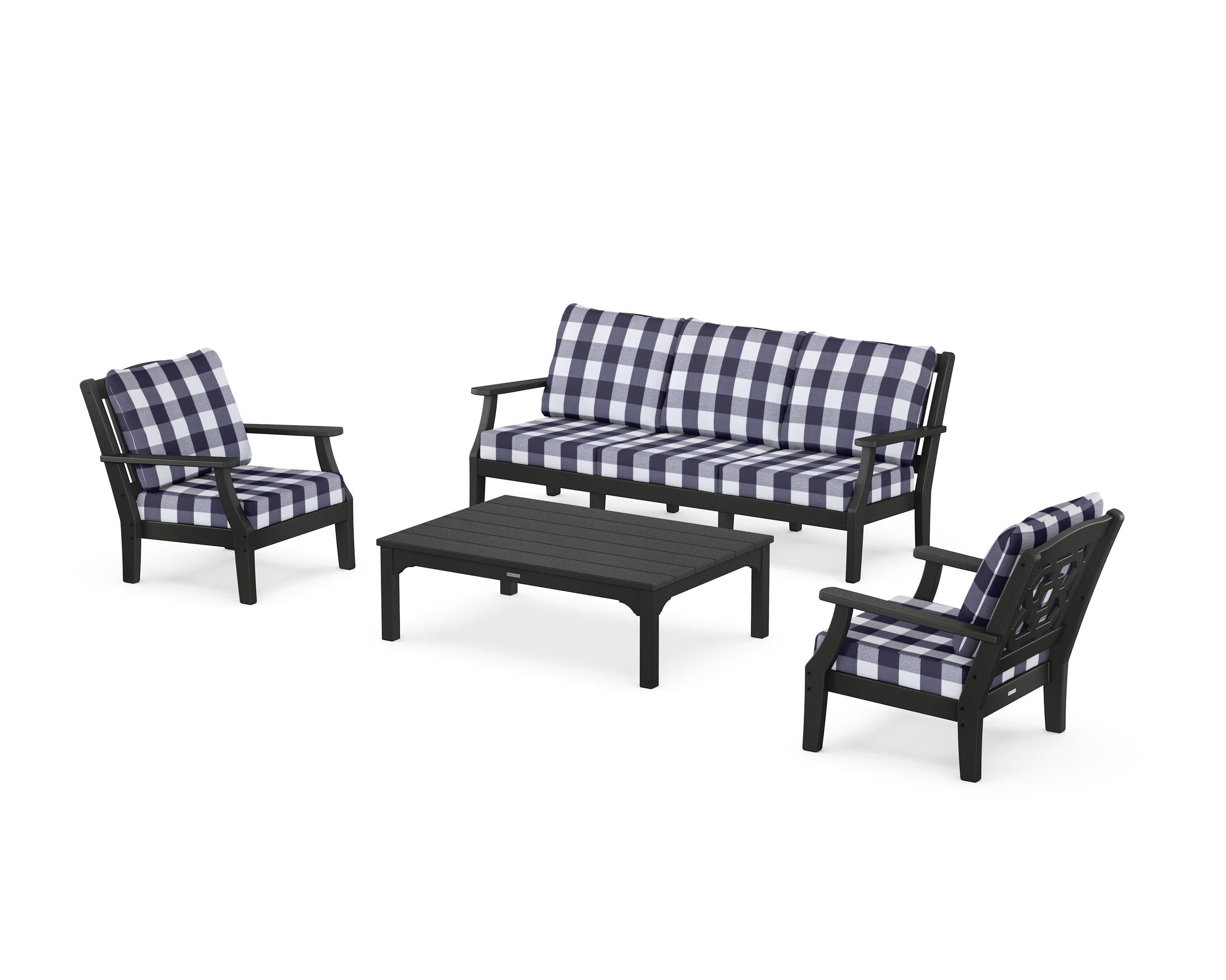 Chinoiserie 4-Piece Deep Seating Set with Sofa in Black / Buffalo Plaid Navy