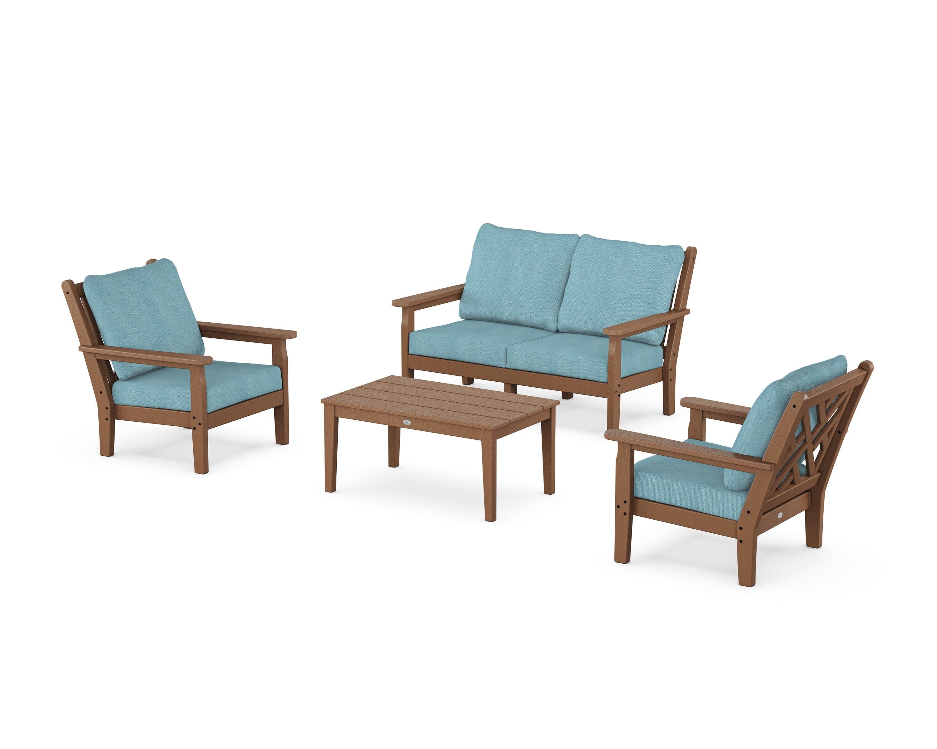 Chippendale 4-Piece Deep Seating Set with Loveseat in Teak / Lattice Sky Blue