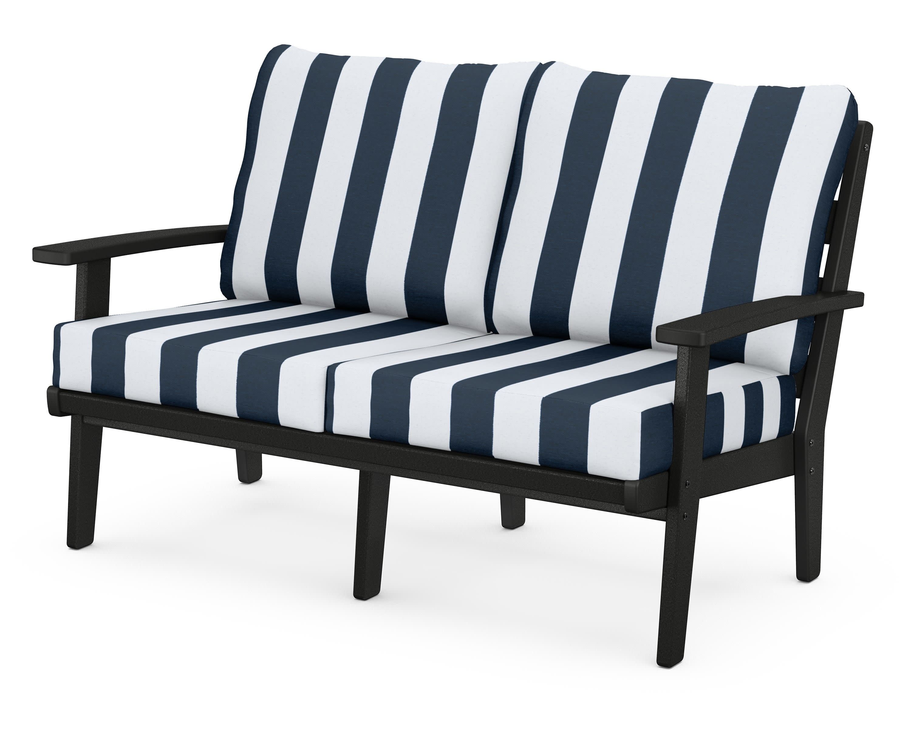 Grant Park Deep Seating Loveseat in Black / Cabana Stripe Marine Indigo