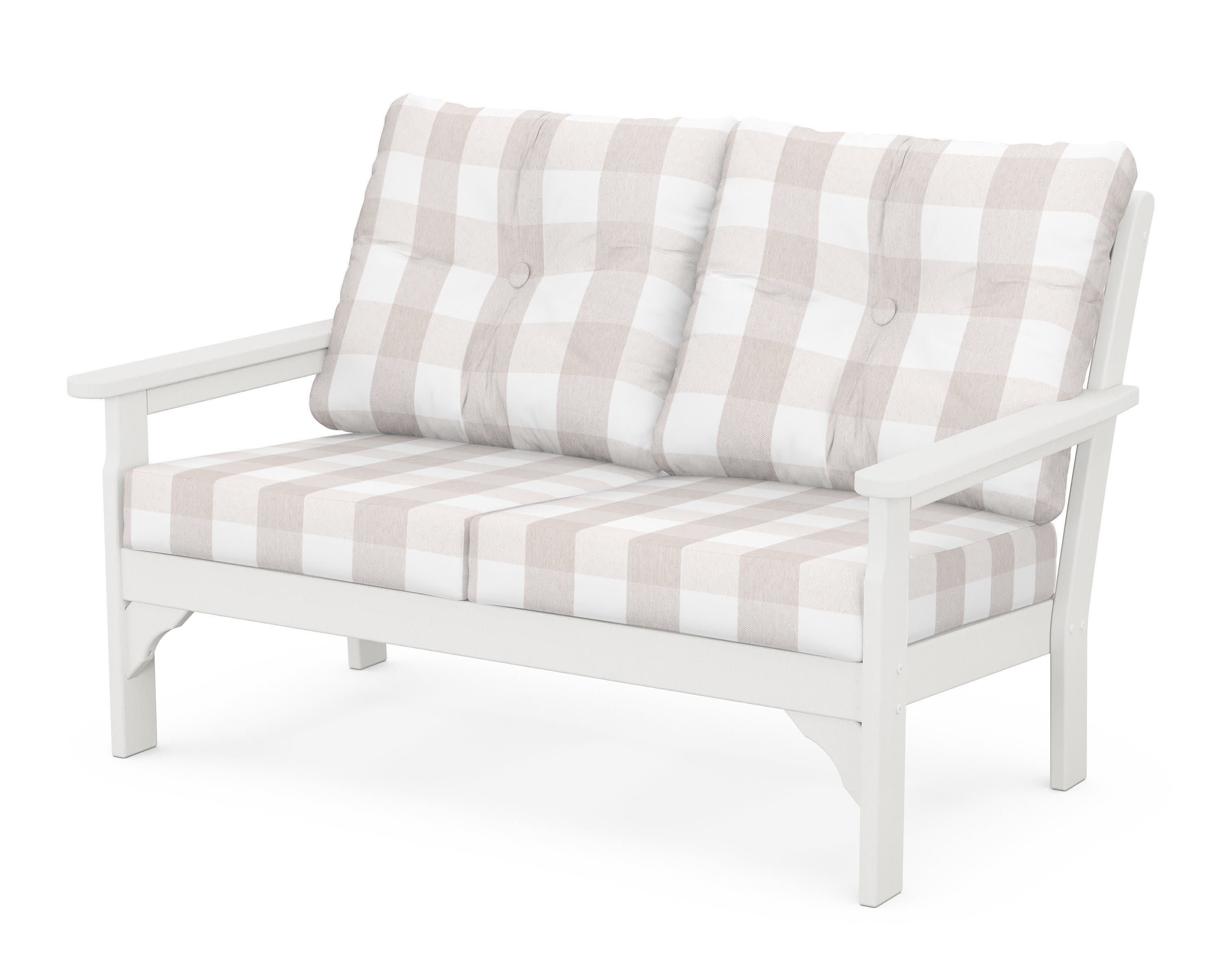 Vineyard Deep Seating Loveseat in Vintage White / Buffalo Plaid Dune Burlap