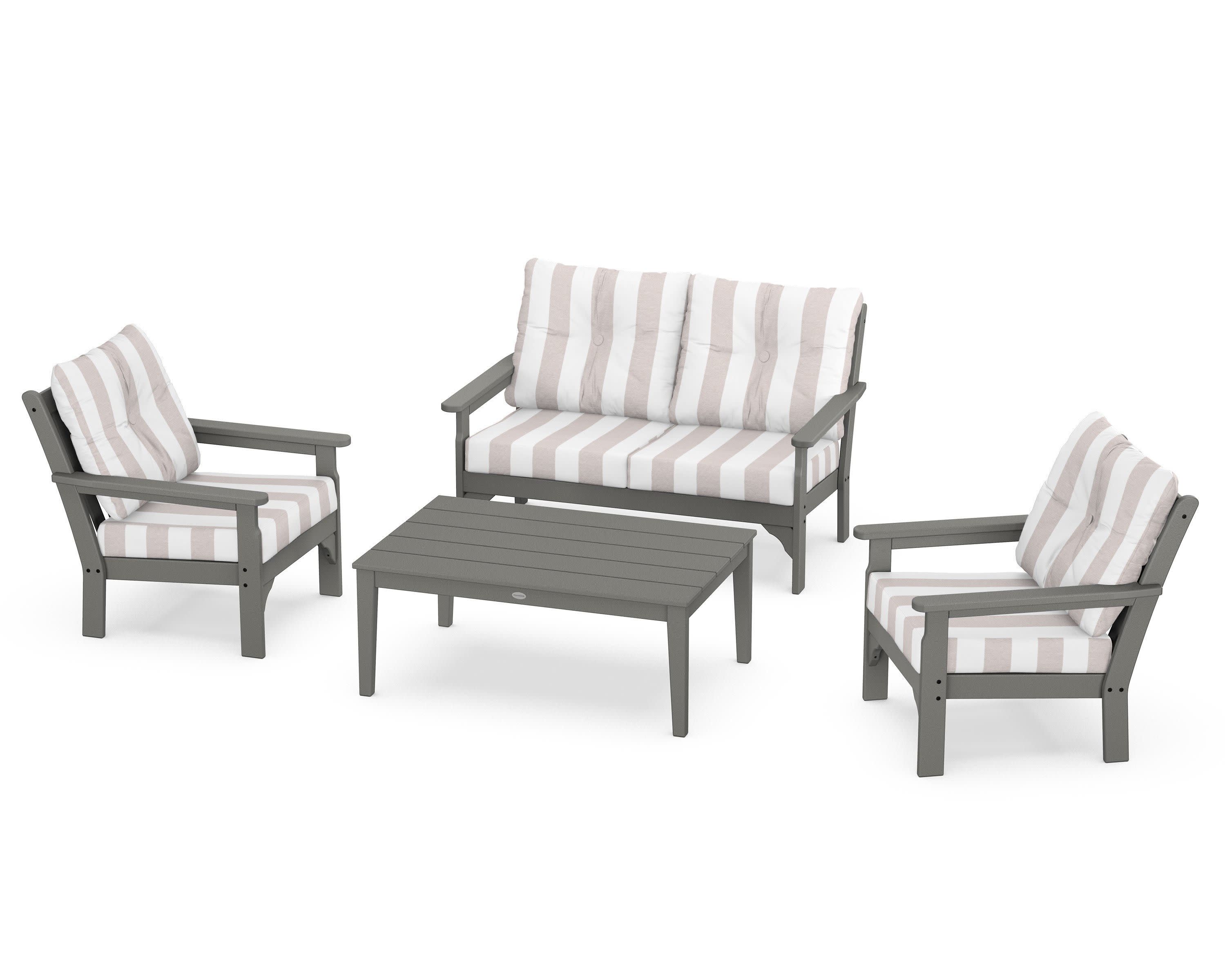 Vineyard 4-Piece Deep Seating Set in Slate Grey / Cabana Stripe Dune Burlap