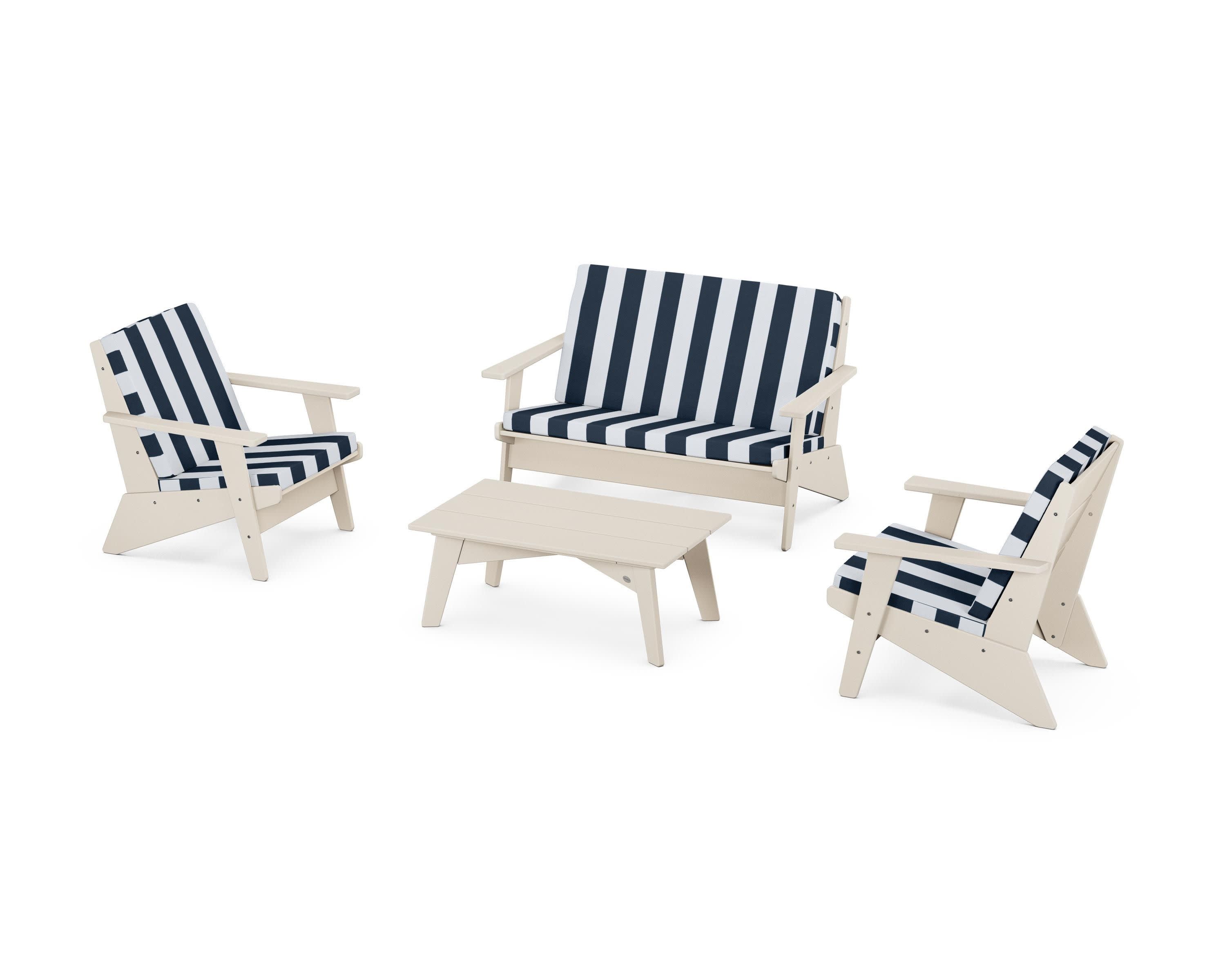 Riviera Modern Lounge 4-Piece Set in Sand / Cabana Stripe Marine Indigo