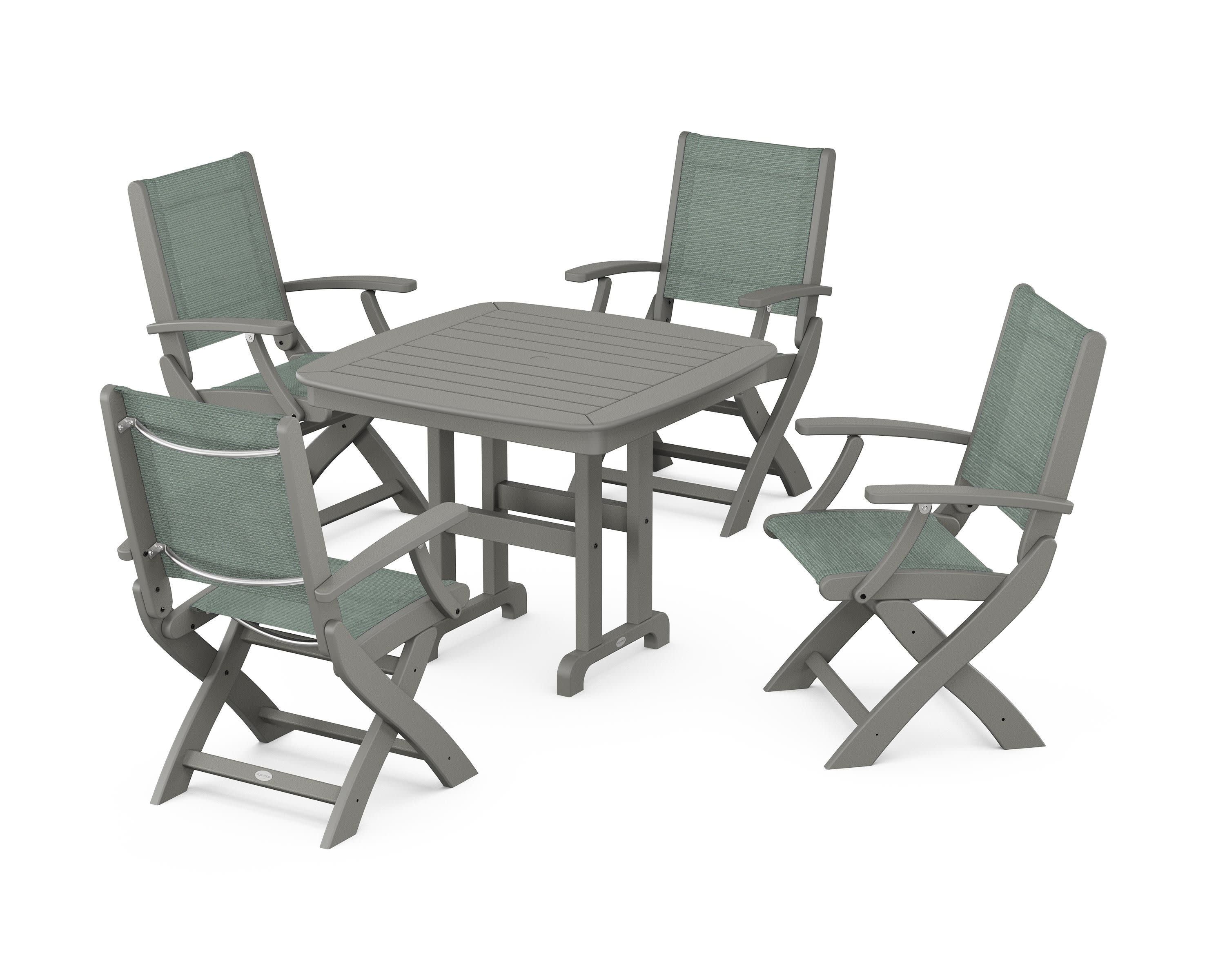 Coastal Folding Chair 5-Piece Dining Set in Slate Grey / Dupioni Sea Mist Sling