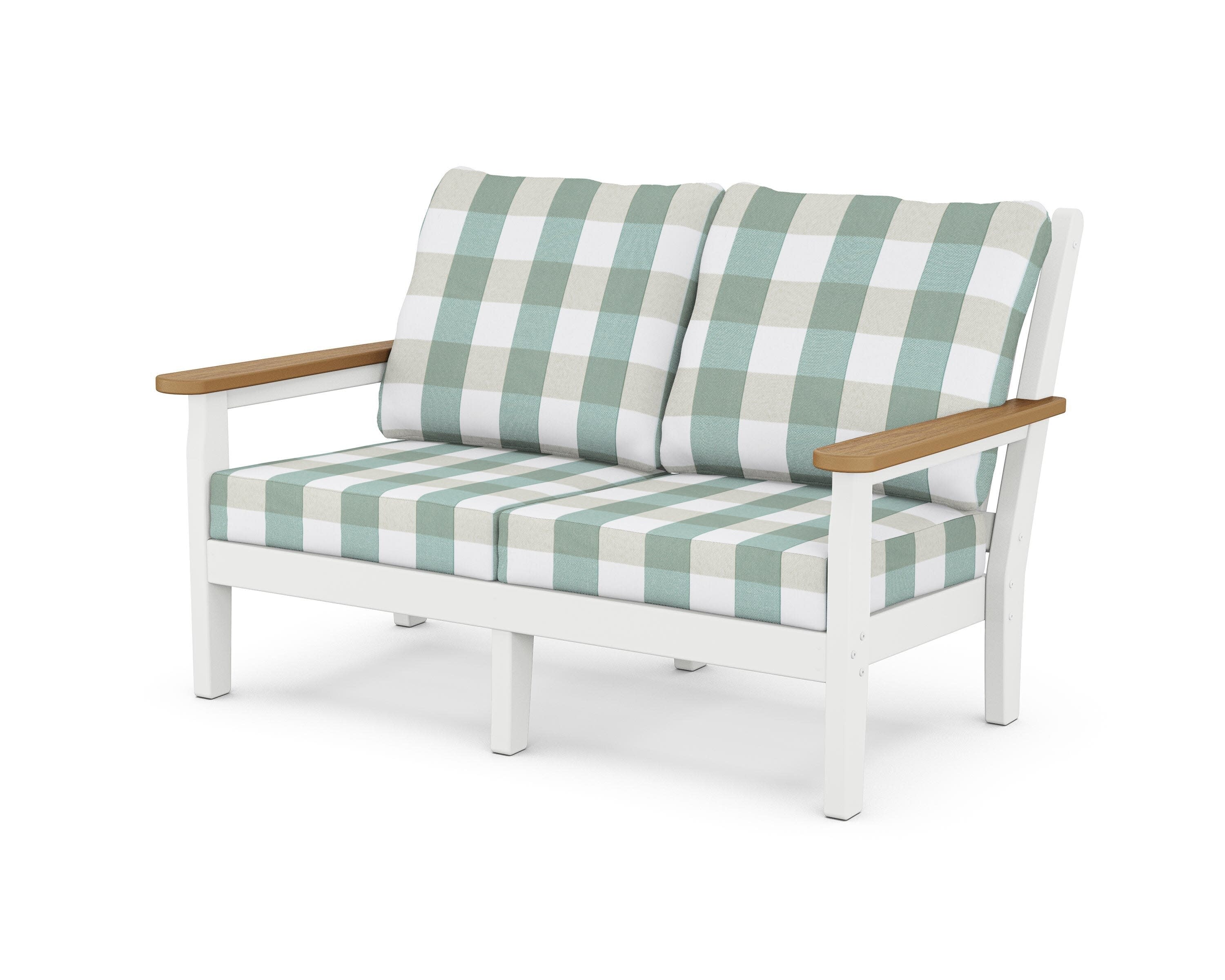 Chippendale Deep Seating Loveseat in White / Natural / Buffalo Plaid Glacier Spa