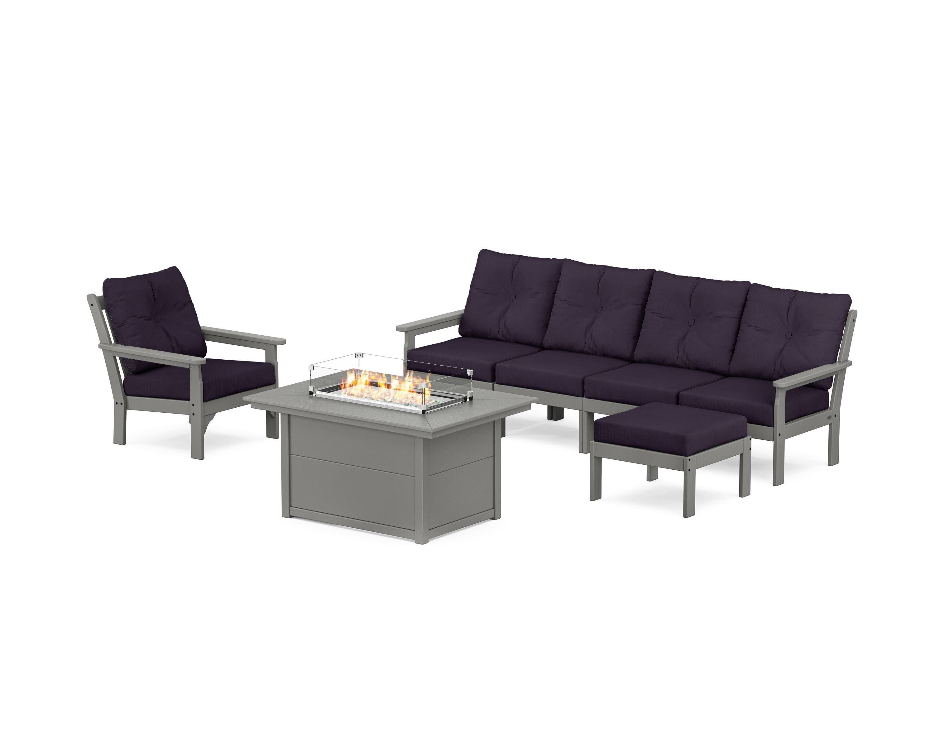 Vineyard Sectional Lounge and Fire Pit Set in Slate Grey / Navy Linen