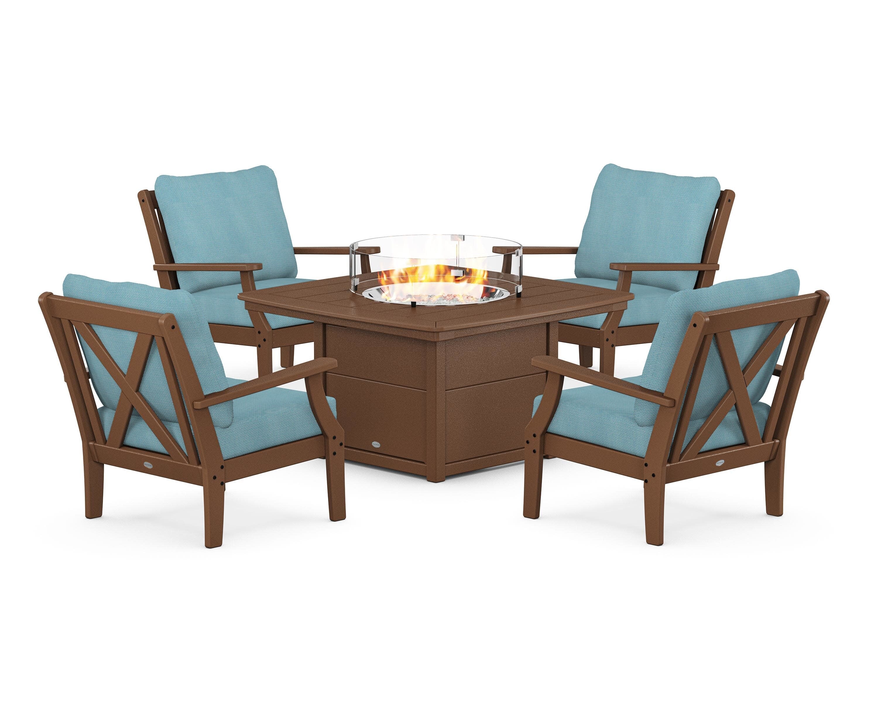 Braxton 5-Piece Deep Seating Conversation Set with Fire Pit Table in Teak / Lattice Sky Blue