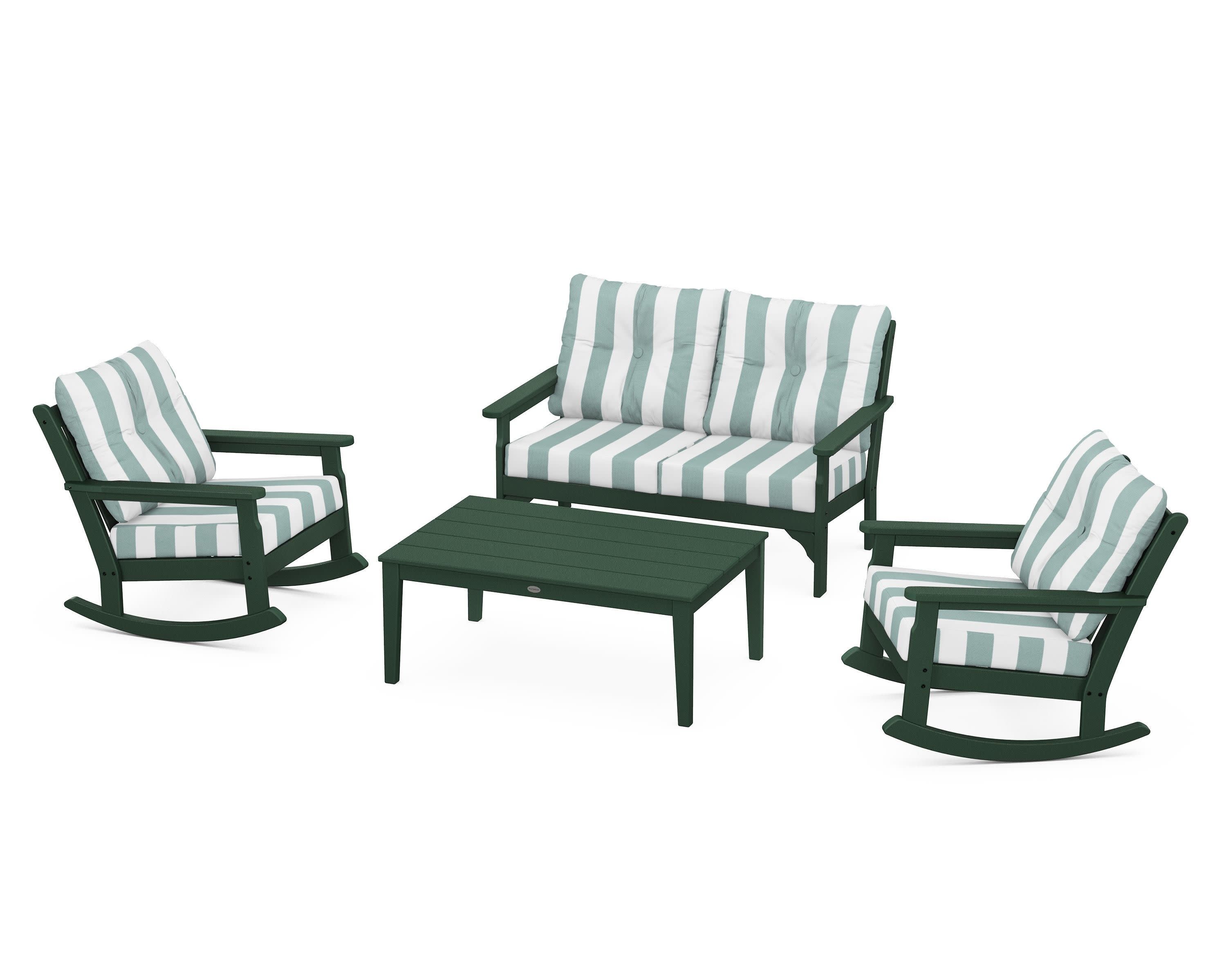 Vineyard 4-Piece Deep Seating Rocking Chair Set in Green / Cabana Stripe Glacier Spa