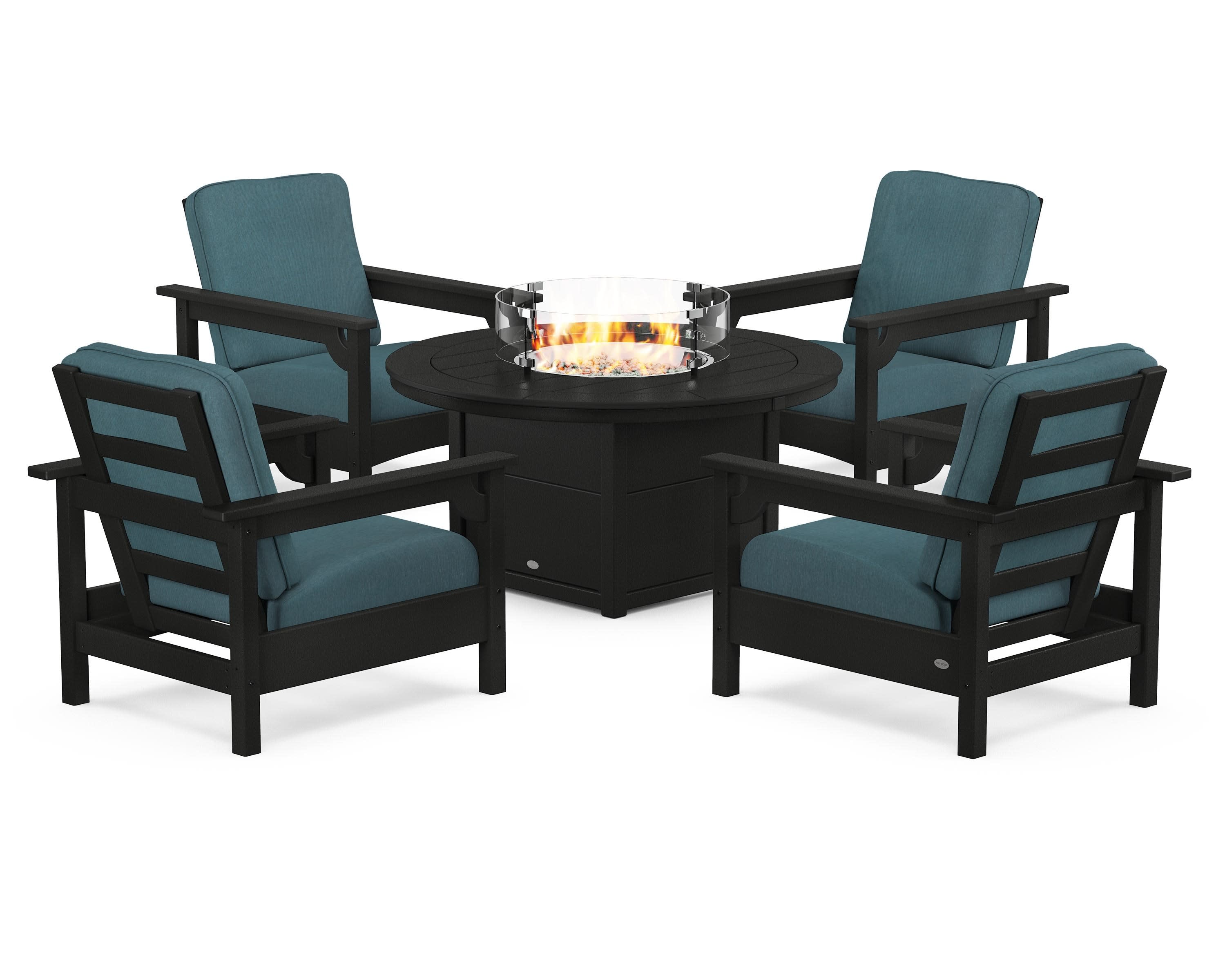 Club 5-Piece Conversation Set with Fire Pit Table in Black / Ocean Teal