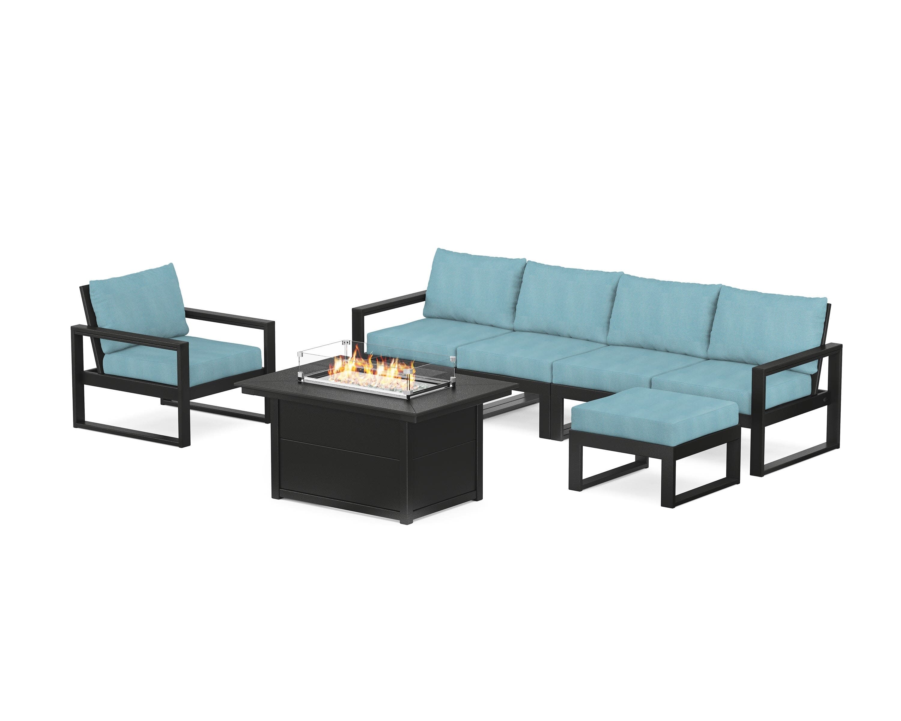 EDGE Sectional Lounge and Fire Pit Set in Black / Lattice Sky Blue