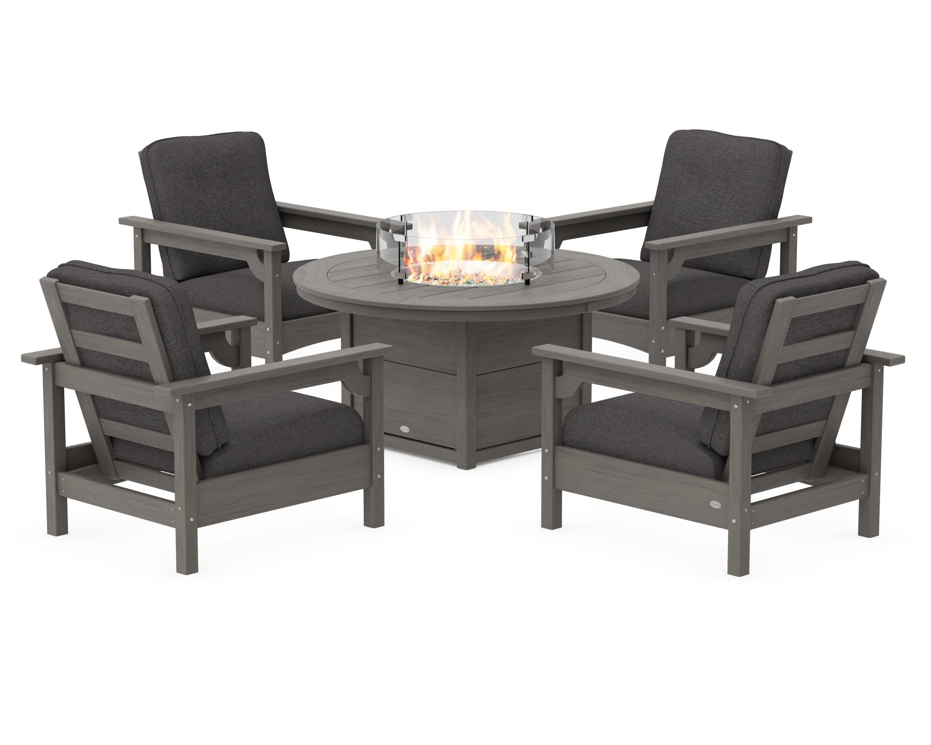 Club 5-Piece Conversation Set with Fire Pit Table in Driftwood / Ash Charcoal