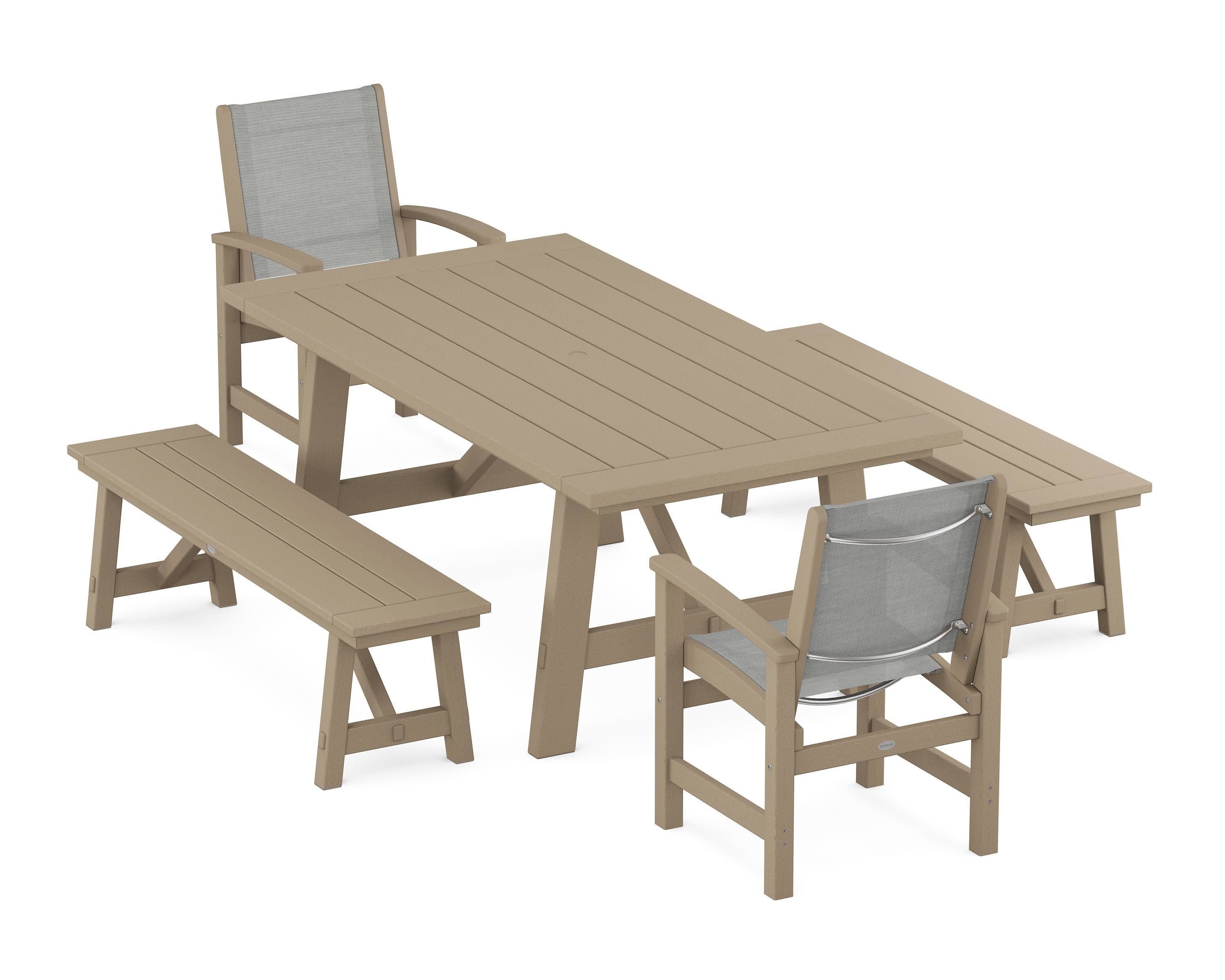 Coastal 5-Piece Rustic Farmhouse Dining Set With Benches in Vintage Sahara / Metallic Sling