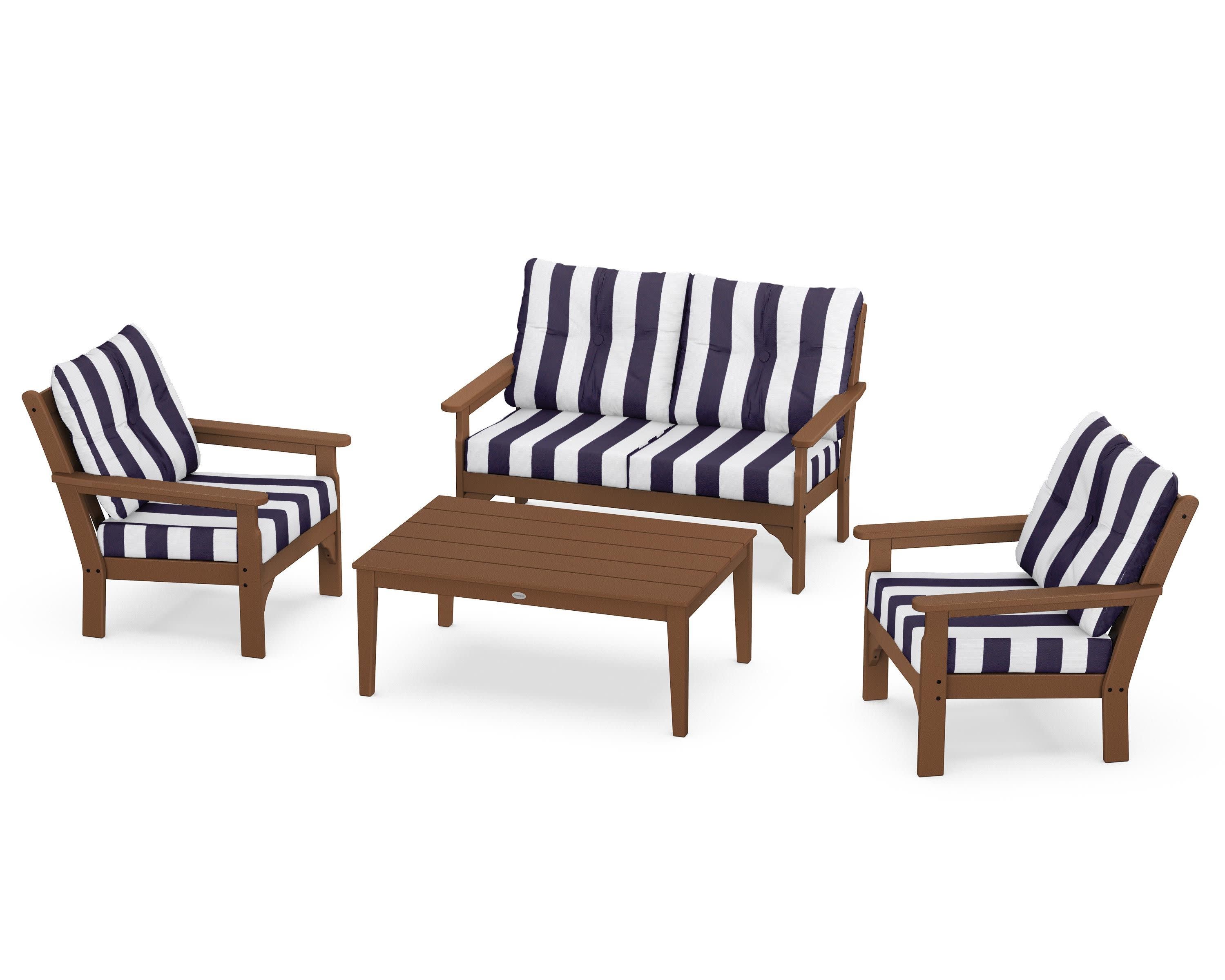 Vineyard 4-Piece Deep Seating Set in Teak / Cabana Stripe Navy