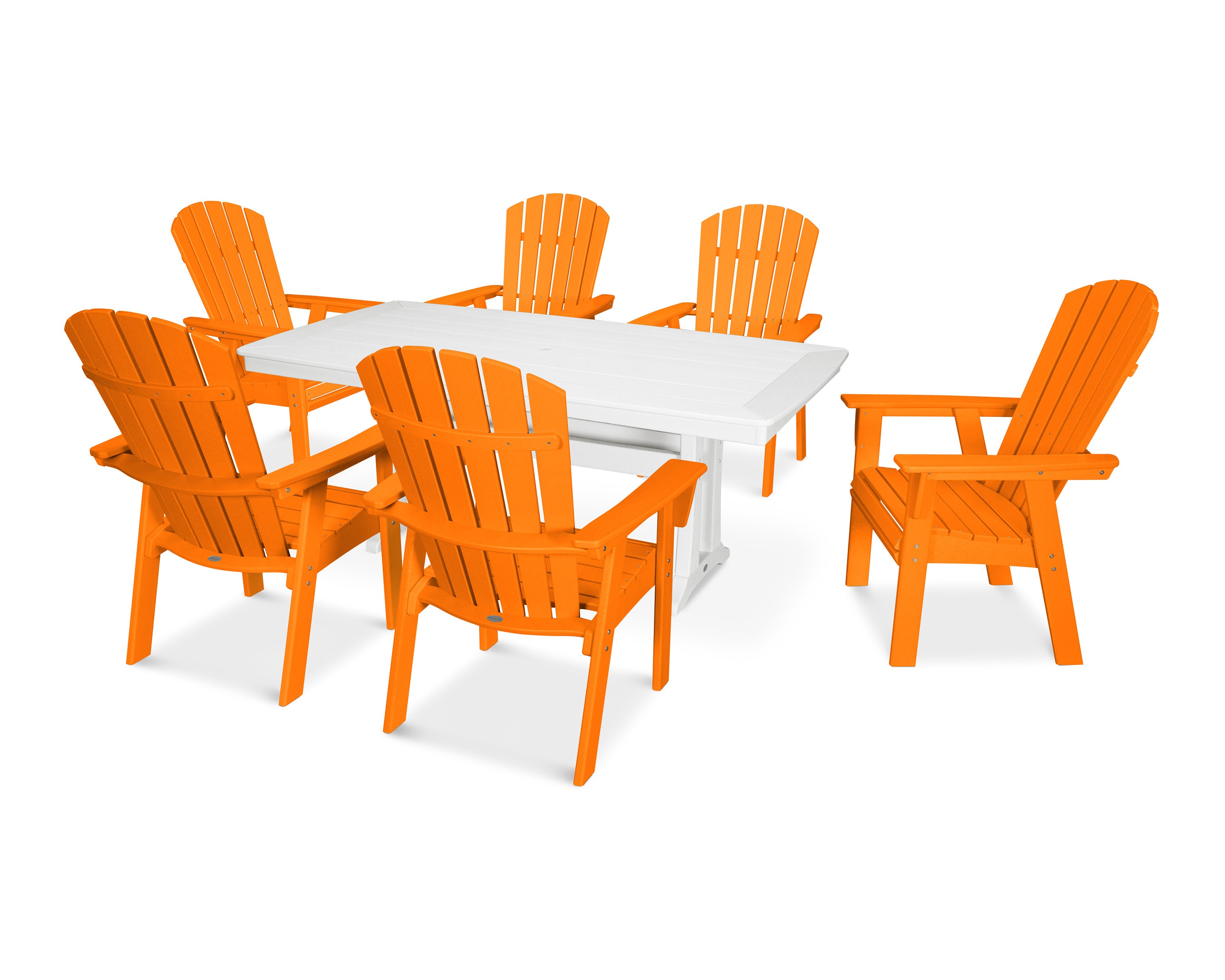 Nautical Curveback Adirondack 7-Piece Dining Set with Trestle Legs in Tangerine / White