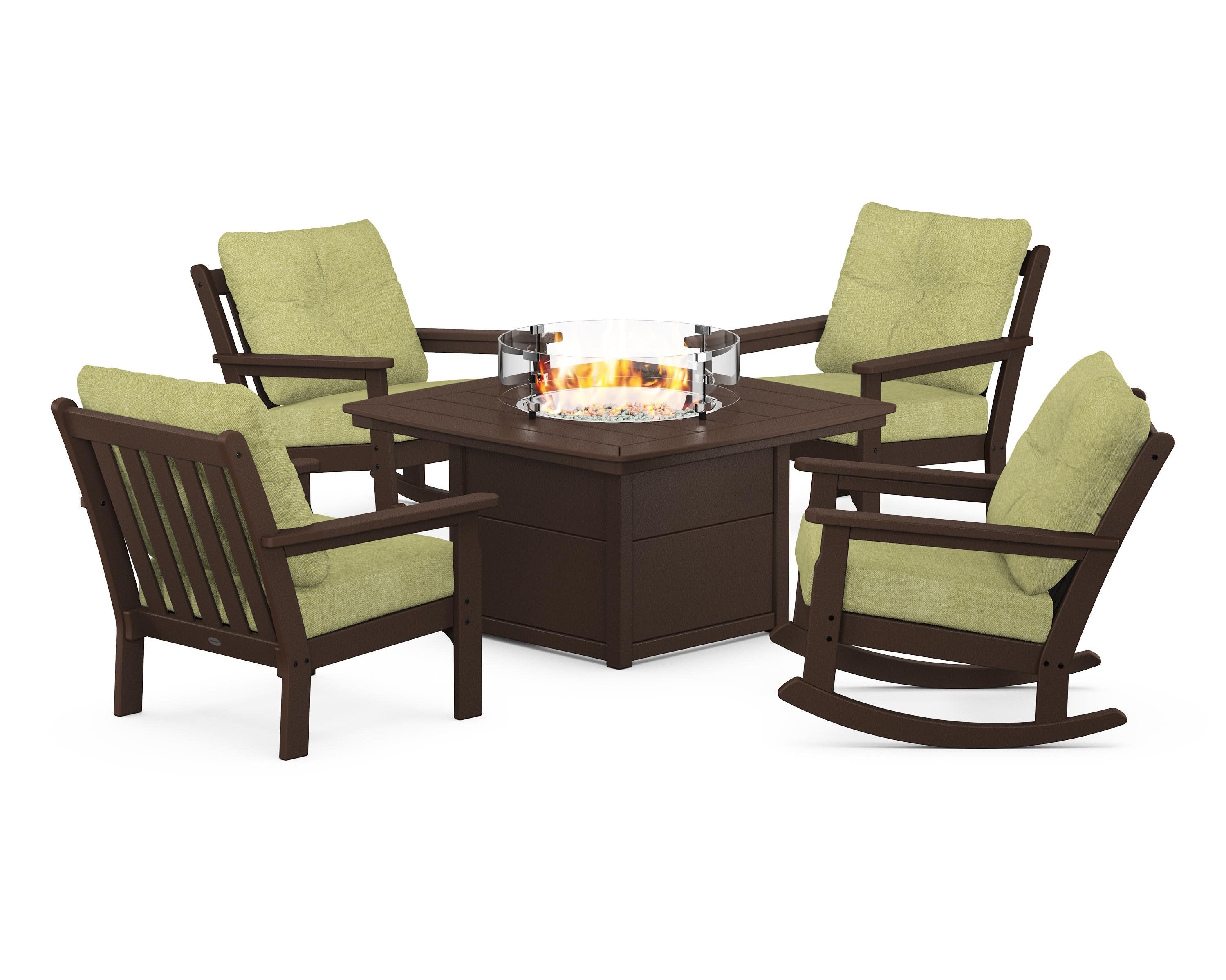 Vineyard 5-Piece Deep Seating Rocking Chair Conversation Set with Fire Pit Table in Mahogany / Chartreuse Boucle