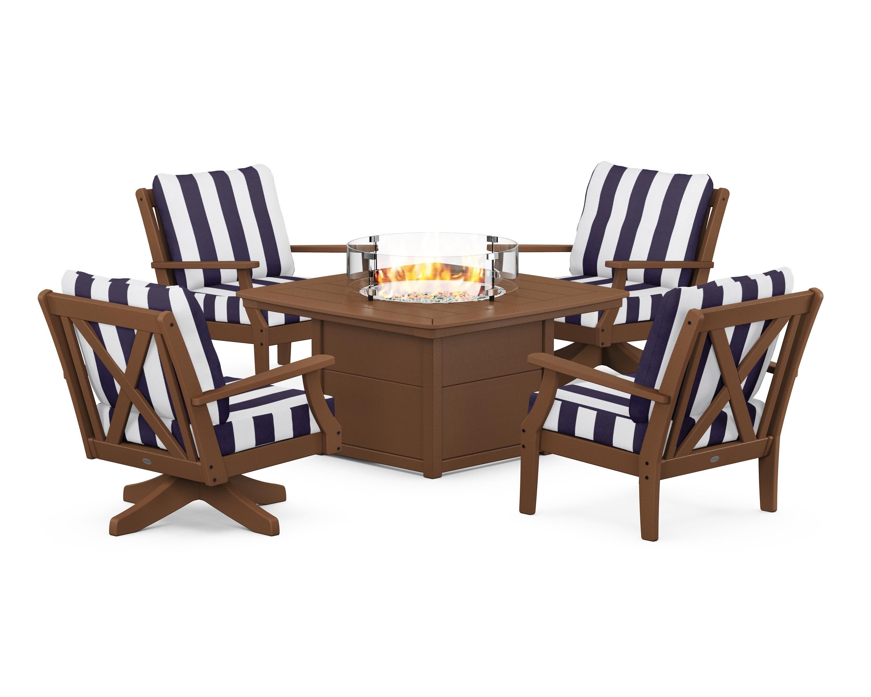 Braxton 5-Piece Deep Seating Set with Fire Table in Teak / Cabana Stripe Navy