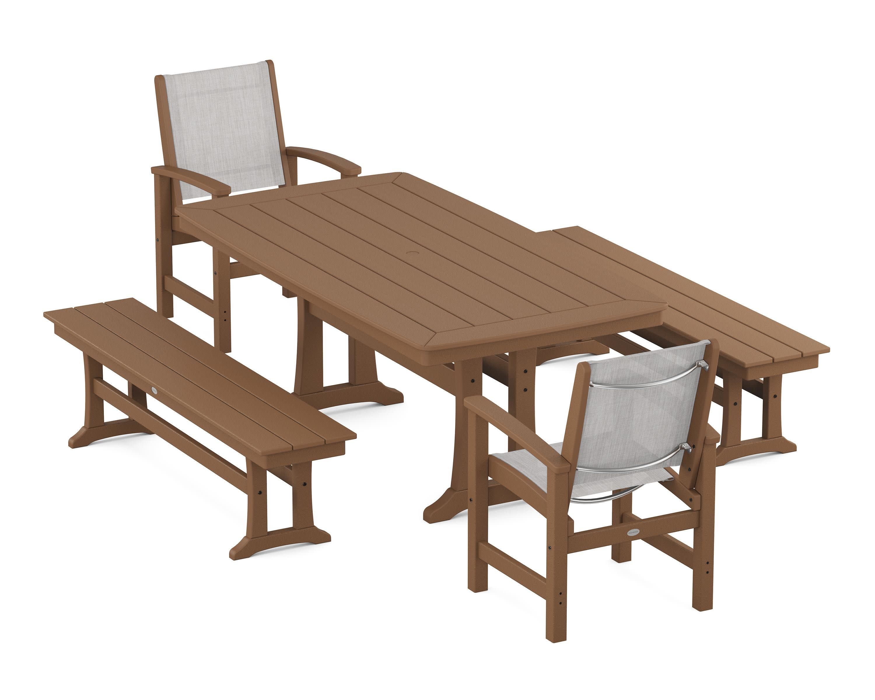Coastal 5-Piece Dining Set with Trestle Legs and Benches in Teak / Parchment Sling