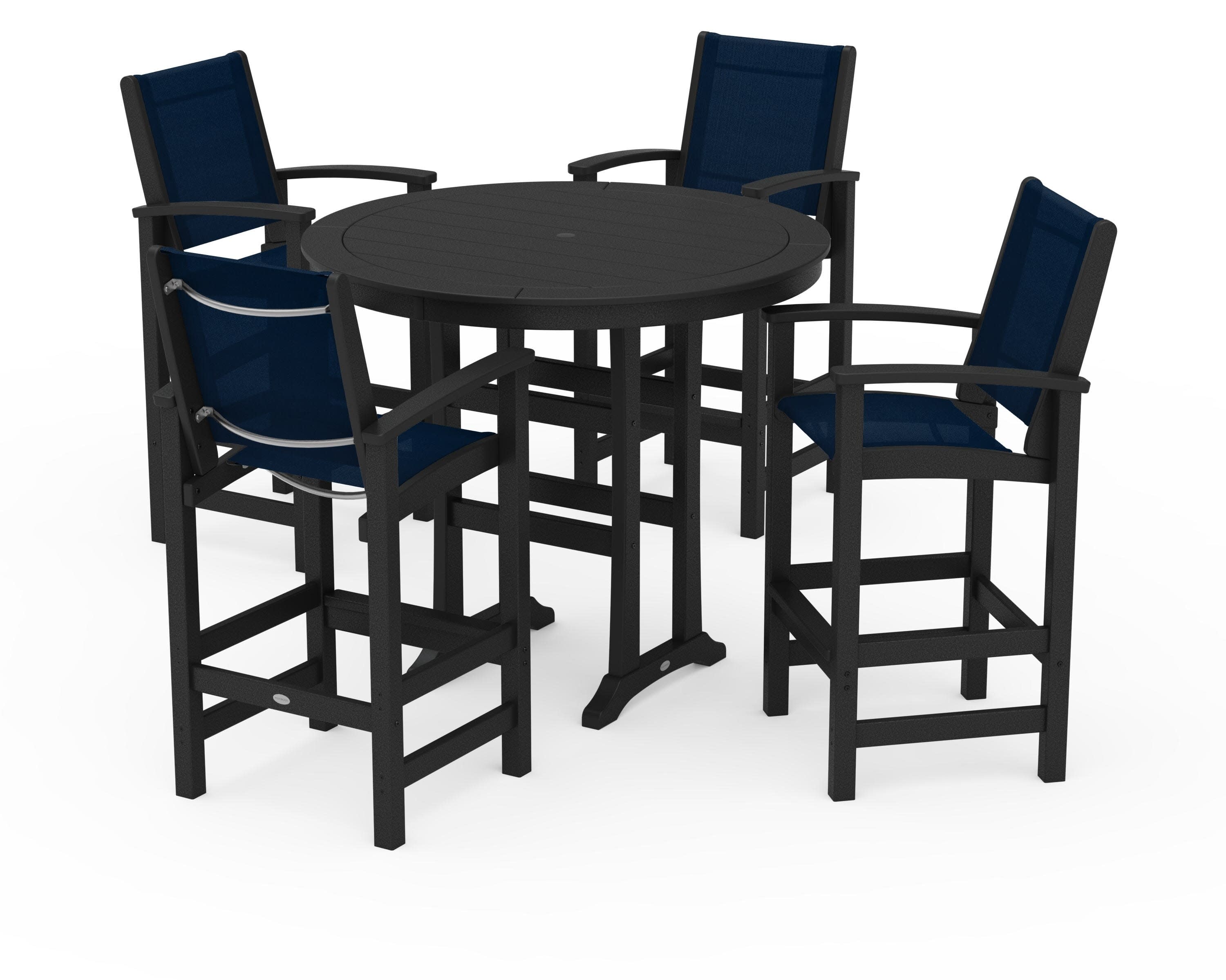 Coastal 5-Piece Nautical Trestle Bar Set in Black / Navy Blue Sling