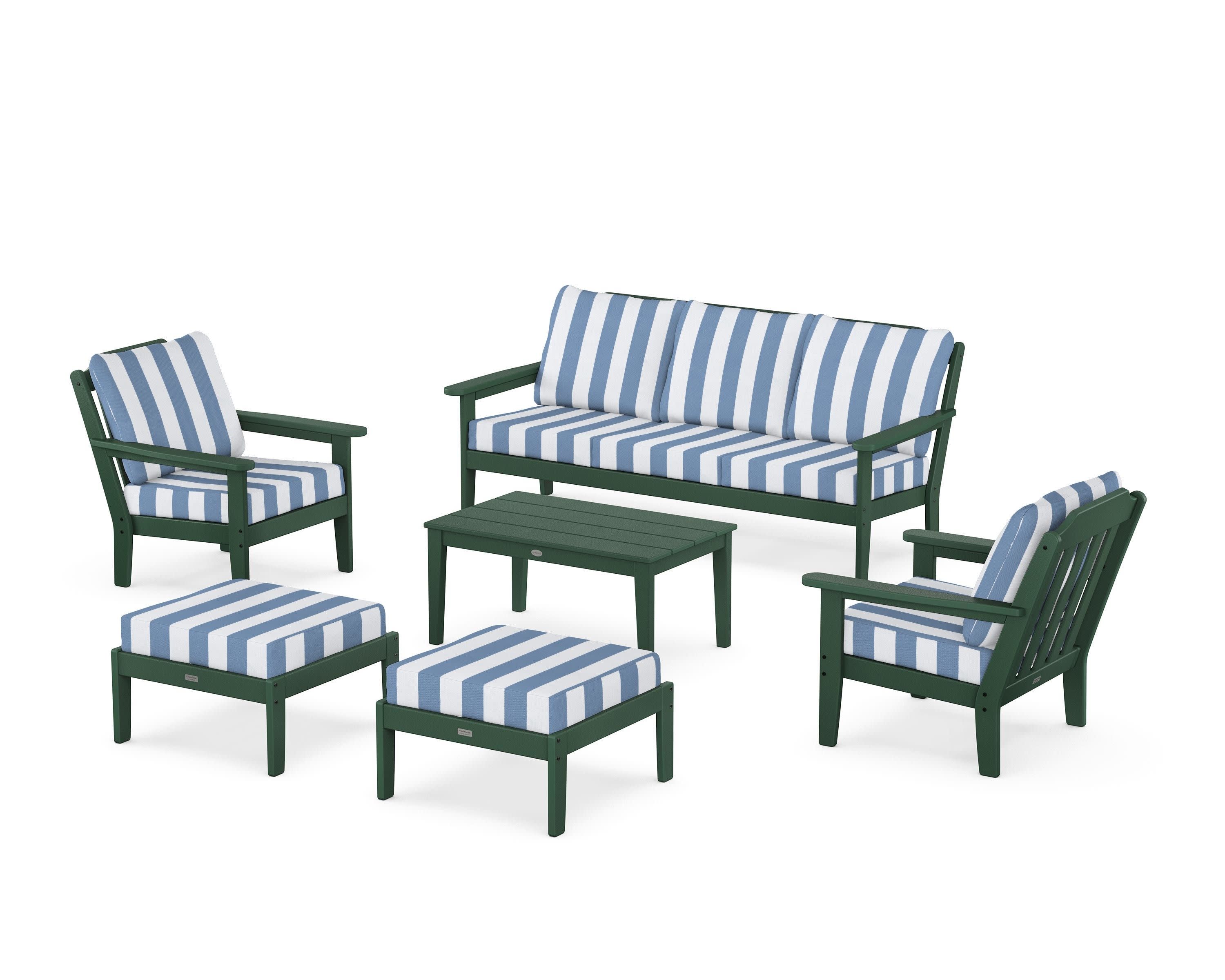 Cottage 6-Piece Lounge Sofa Set in Green / Cabana Stripe Sky Blue