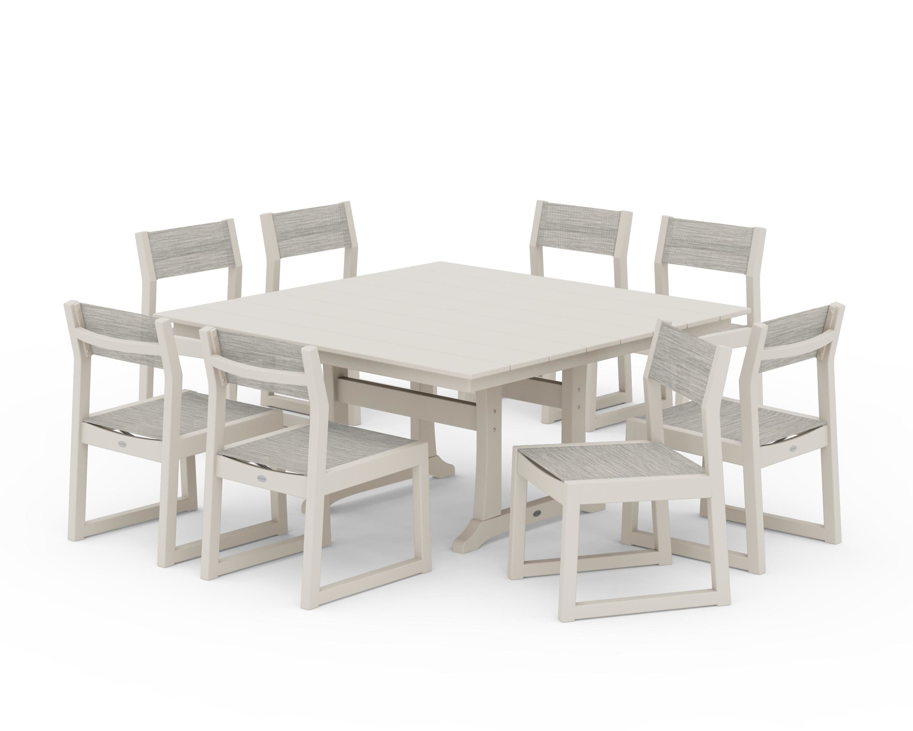 EDGE Sling Side Chair 9-Piece Farmhouse Trestle Dining Set in Sand / Birch Sling