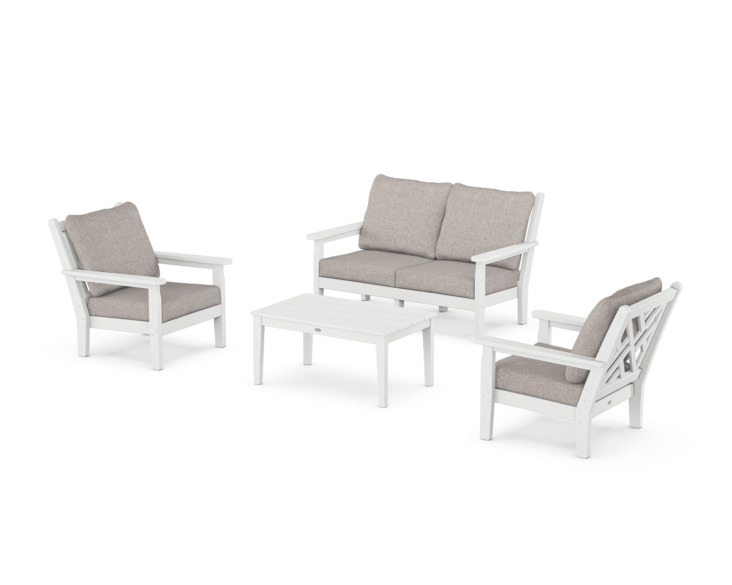 Chippendale 4-Piece Deep Seating Set with Loveseat in White / Weathered Tweed