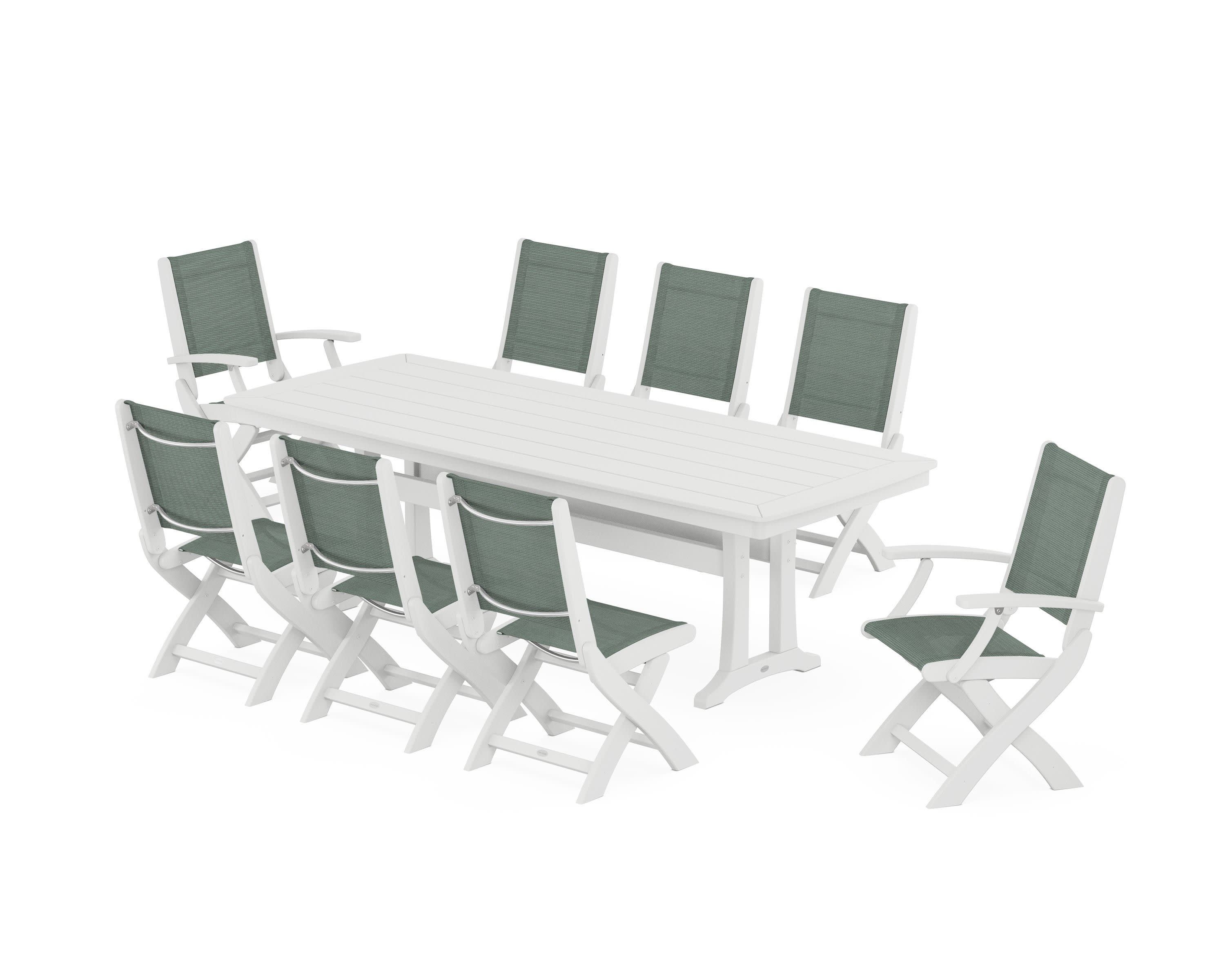 Coastal Folding 9-Piece Dining Set with Trestle Legs in White / Dupioni Sea Mist Sling