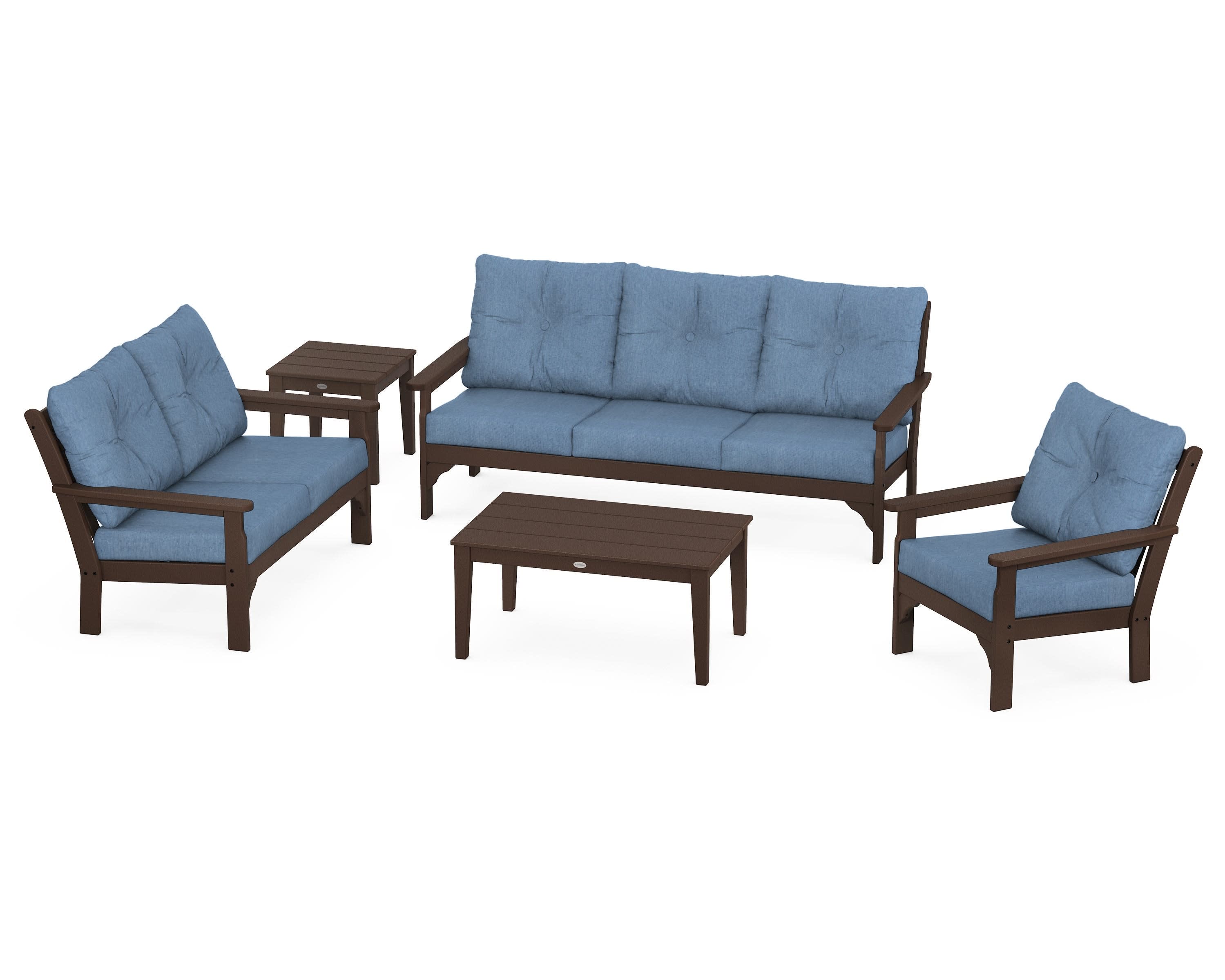 Vineyard 5 Piece Deep Seating Set in Mahogany / Sky Blue