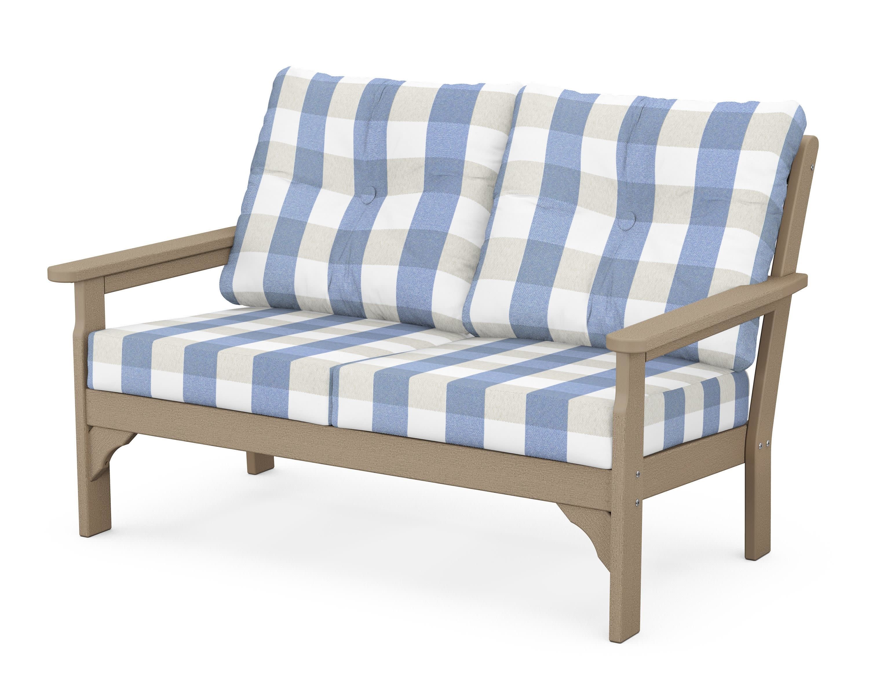 Vineyard Deep Seating Loveseat in Vintage Sahara / Buffalo Plaid Sky Blue