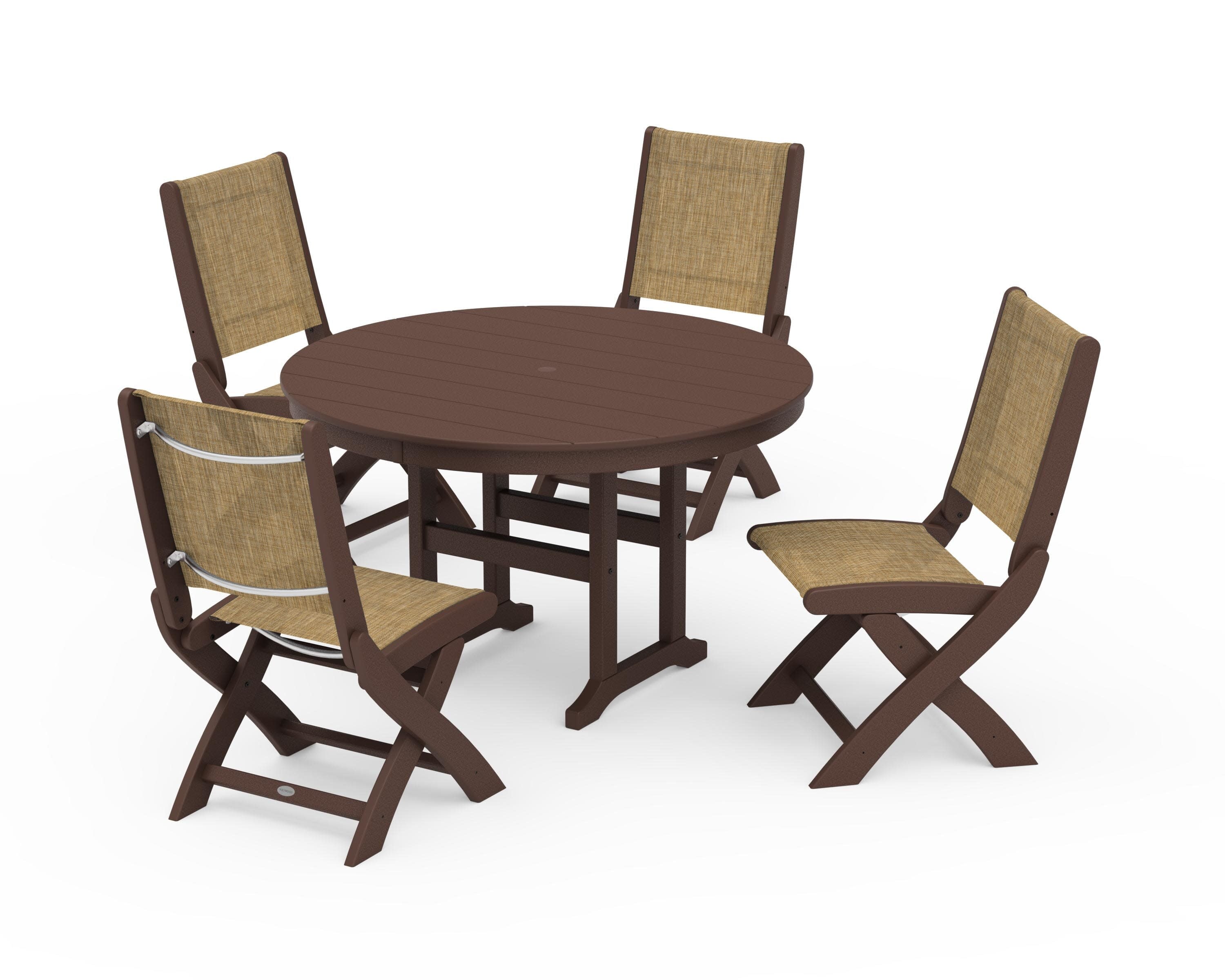 Coastal Folding Side Chair 5-Piece Round Dining Set in Mahogany / Burlap Sling