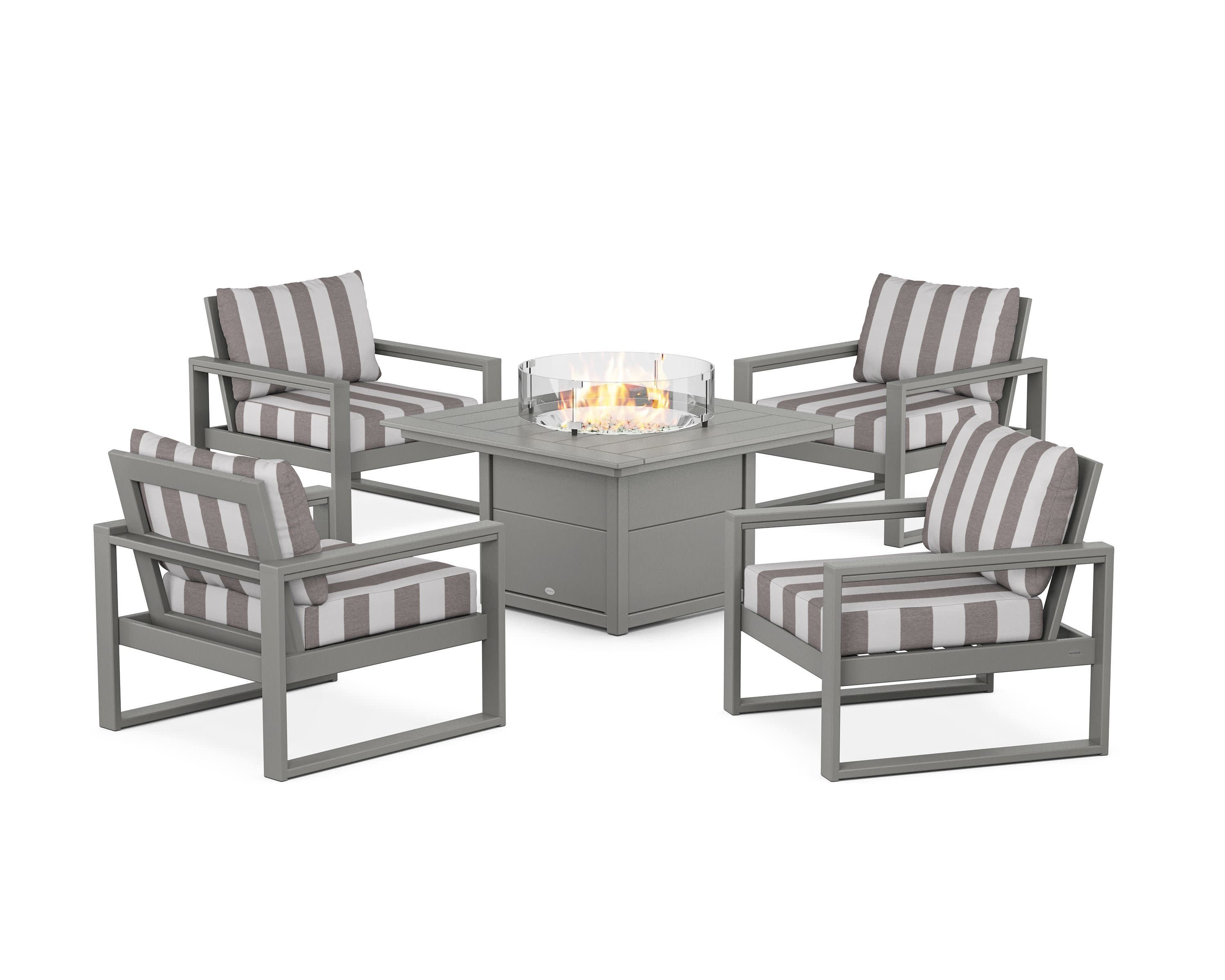 EDGE Sectional 5-Piece Deep Seating Set with Fire Pit Table in Slate Grey / Cabana Stripe Grey Mist
