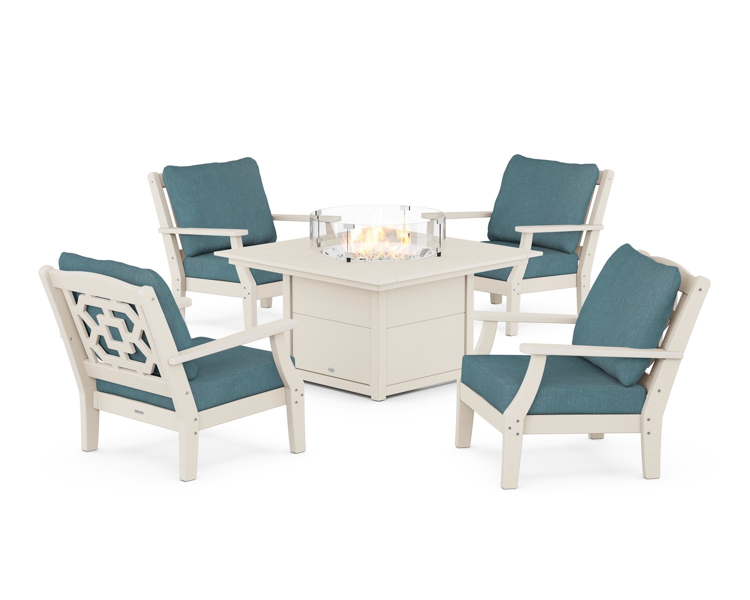 Chinoiserie 5-Piece Deep Seating Set with Fire Pit Table in Sand / Ocean Teal