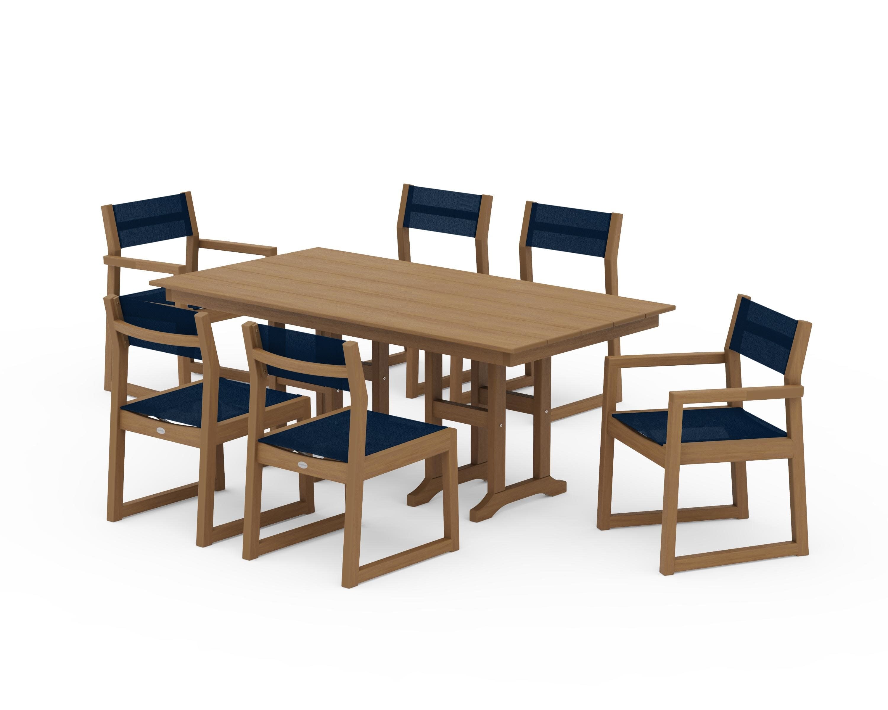 EDGE Sling 7-Piece Farmhouse Dining Set in Natural / Navy Blue Sling