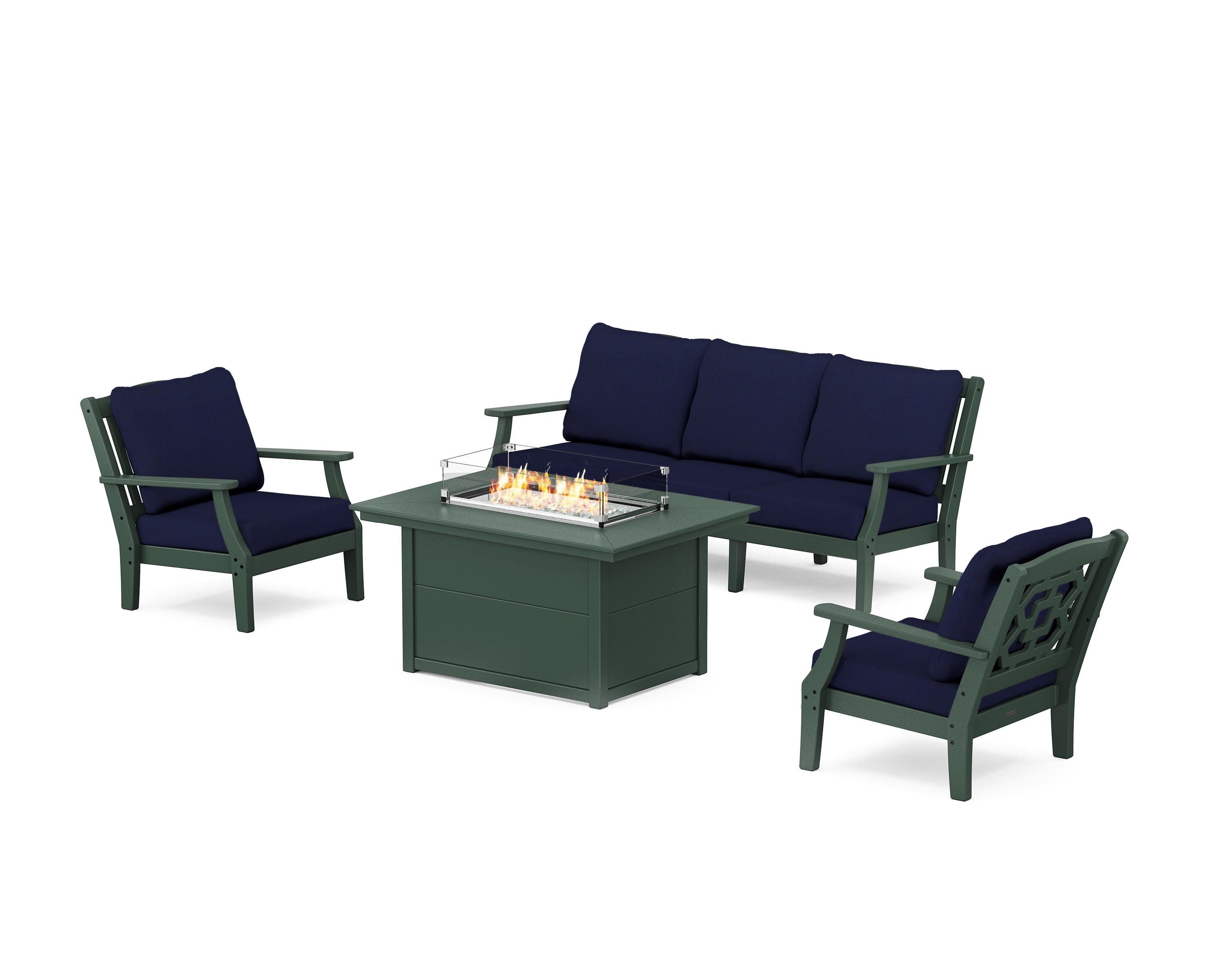Chinoiserie Deep Seating Fire Pit Table Set in Green / Navy